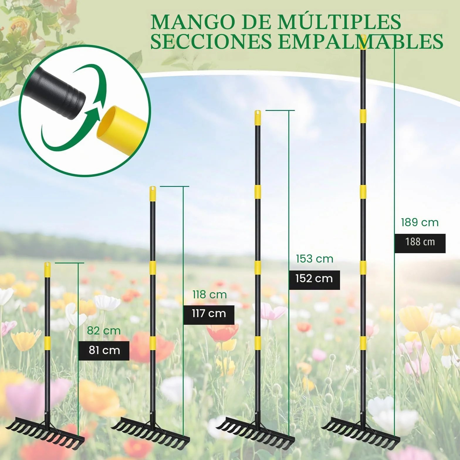 Rastrillo de jardín de metal 189 cm 12 dientes mango largo negro