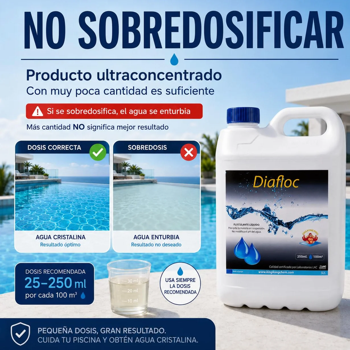 DIASA INDUSTRIAL Floculante líquido para Piscinas SUPERCONCENTRADO - DIAFLOC - clarifica el Agua turbia - 5 litros