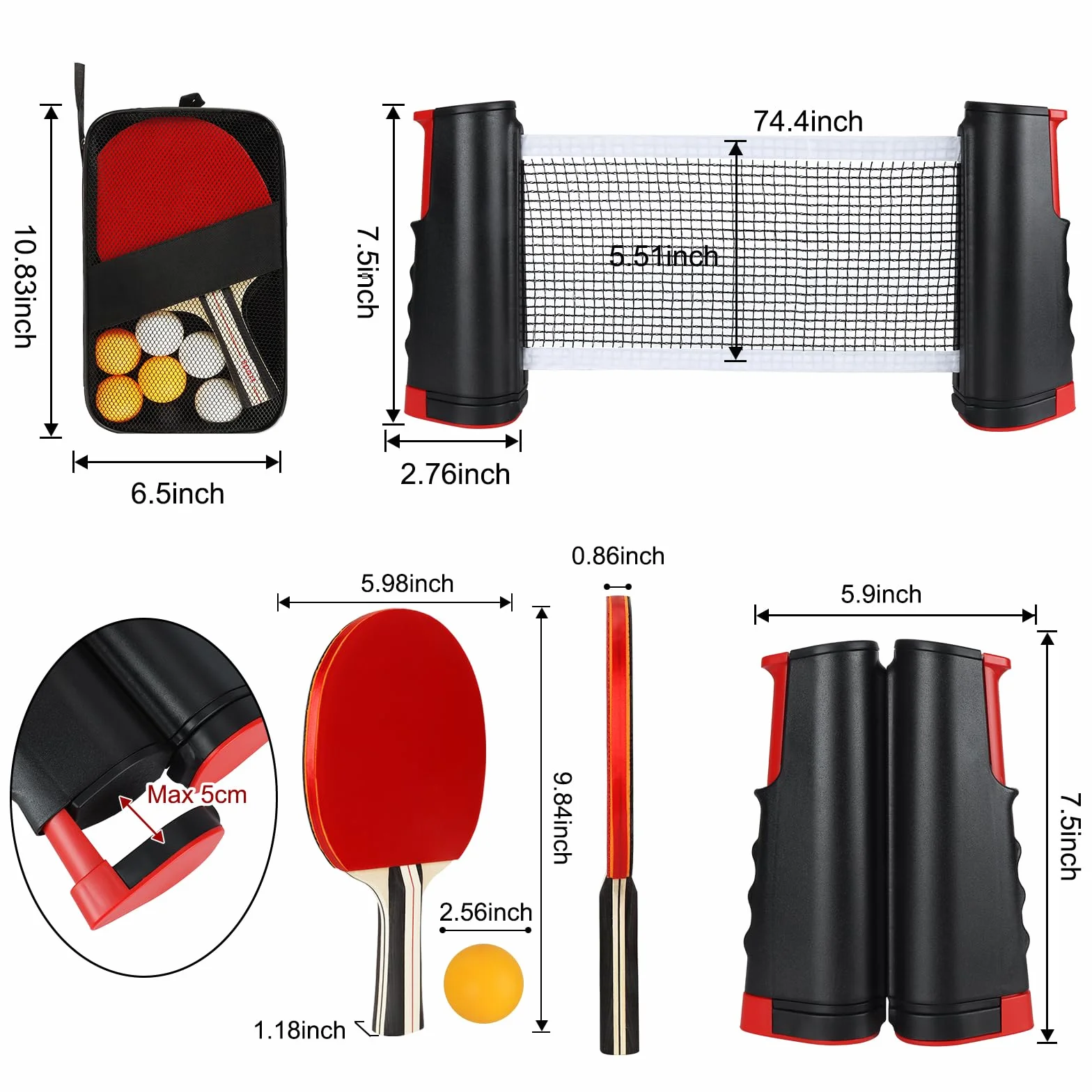 Set de Ping Pong Portátil 2 Raquetas 6 Pelotas Red Retráctil Bolsa Transporte