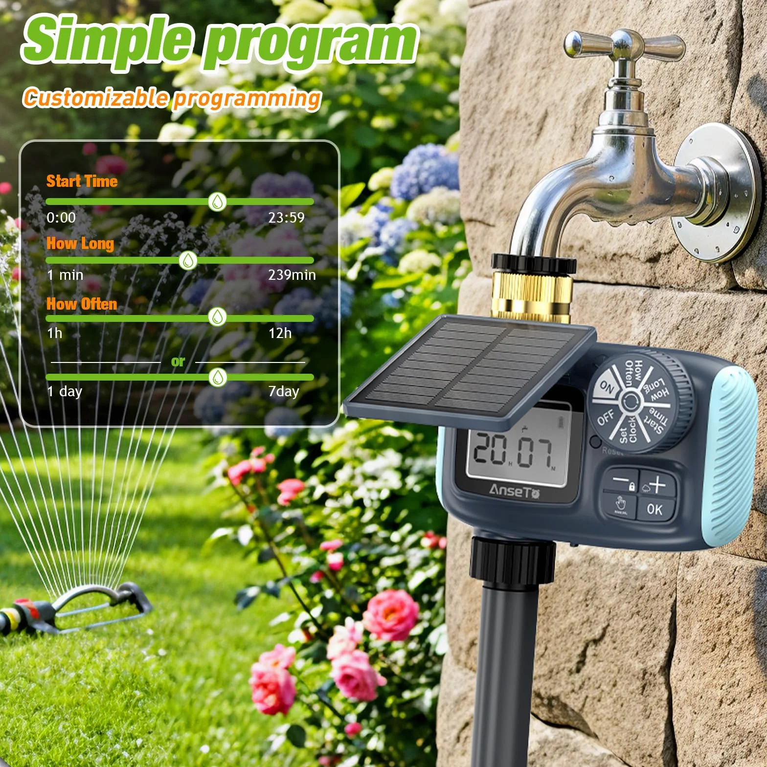Temporizador de Riego Automático LCD con Carga Solar y Tipo C para Jardín