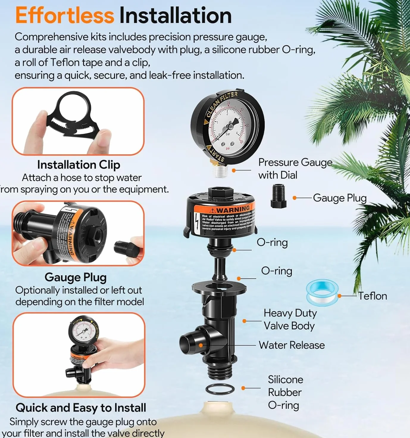 Válvula de purga de aire con manómetro para filtro de piscina compatible con 98209800 y 190058 Clean & Clear Warrior FNS Predator
