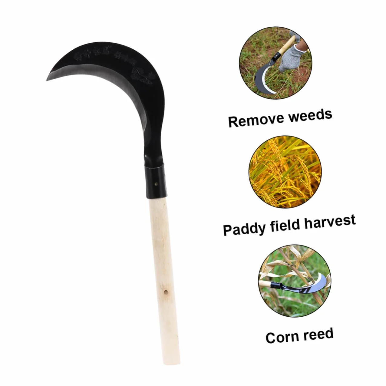 Hemobllo Guadaña De Mano De Acero Al Manganeso Para Deshierbe Jardinería Mango Largo, Cuchillo Jardín Afilado y Resistente Para Césped y Maleza, Herramienta Manual Práctica Para Cultivo
