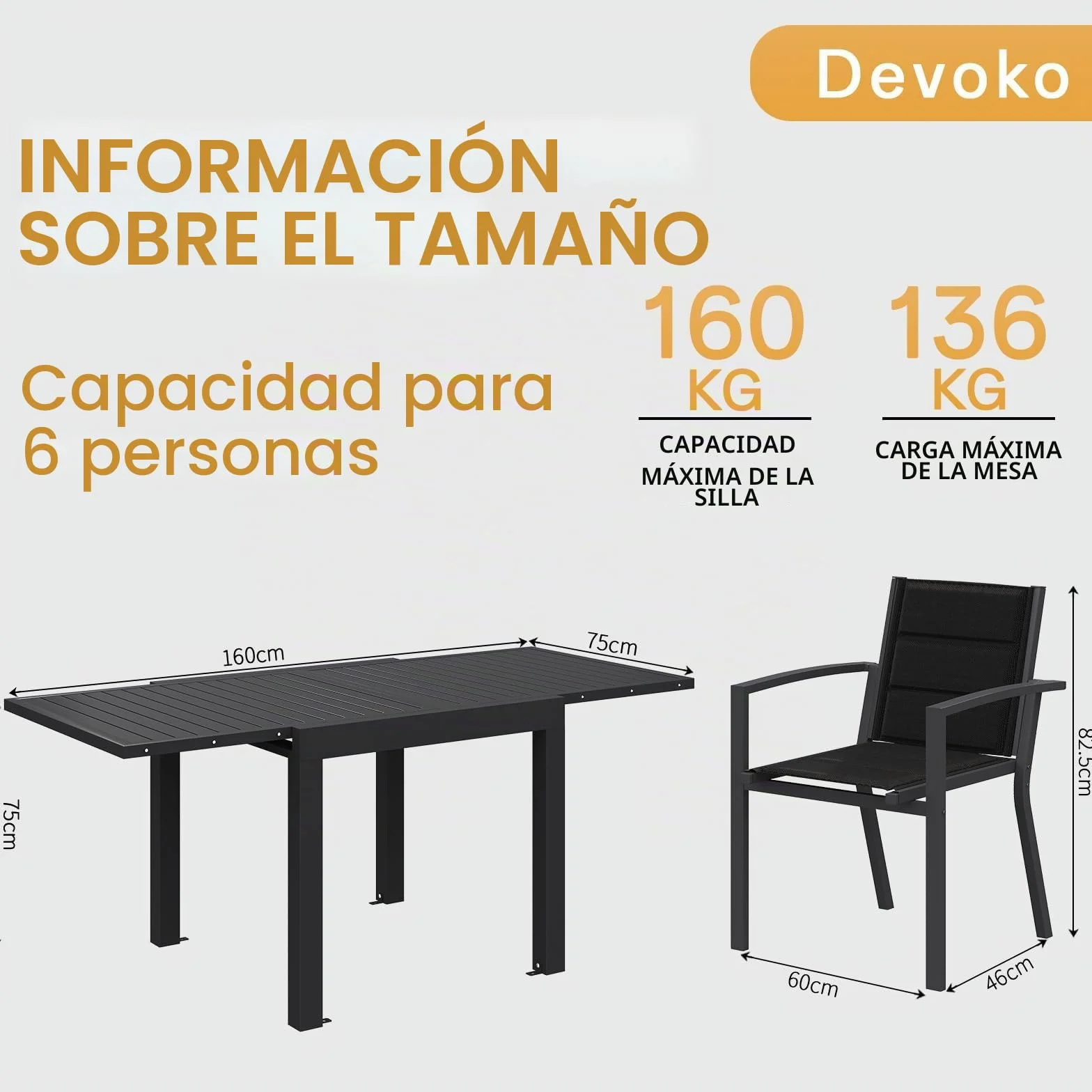 Devoko Conjunto Jardin Exterior 4 Personas, Mesa y Sillas De Comedor De Aluminio 4+1, 4 Sillas Apilables de Aluminio y 1 80-160CM Mesa Jardin Extensible, Muebles Jardin, Gris Oscuro
