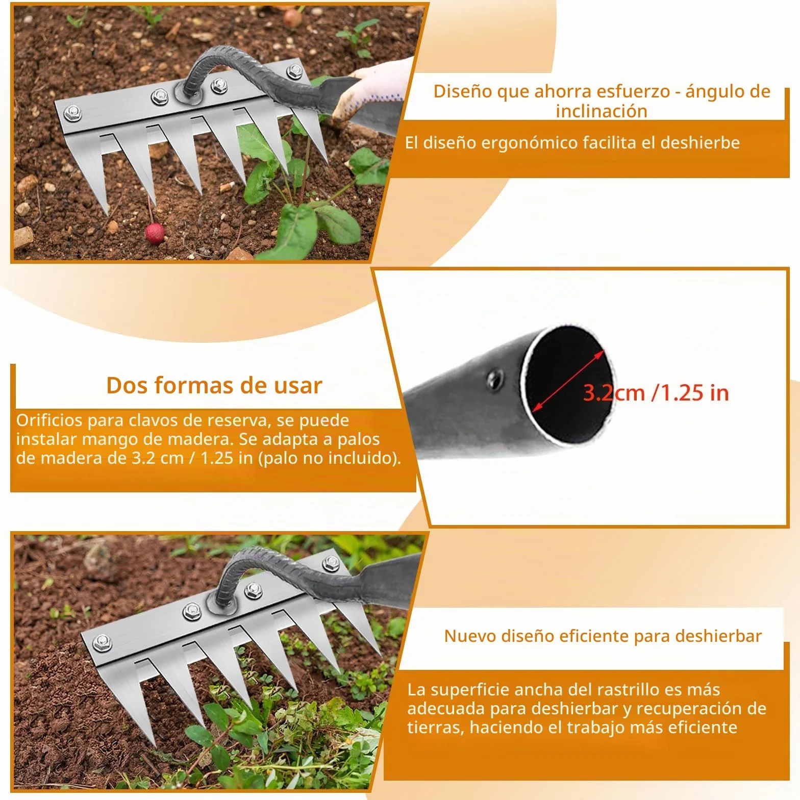 Rastrillo de Jardín de Acero al Carbono, 7 Dientes, Herramienta Multiusos para Deshierbar y Aflojar