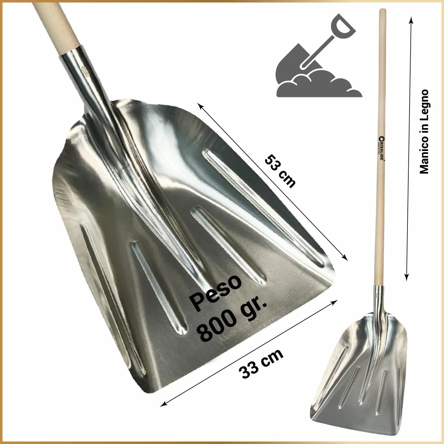 Crisalide Pala 36x49 cm Mango Madera Aluminio Nieve Agrícola Jardinería Trabajos Pesados