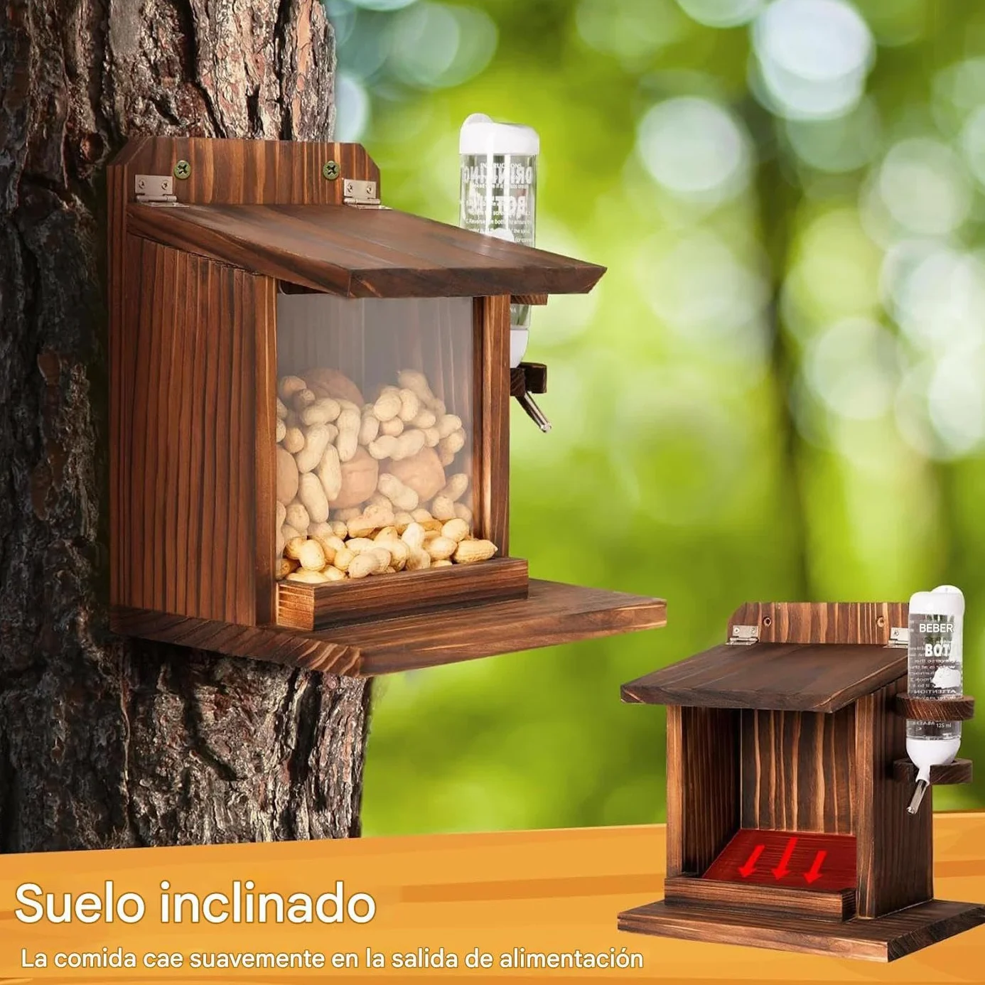 Casas para Ardillas de Exterior, Estación de Alimentación con Bebedero de Madera para Pared con Soporte para Mazorcas de Maíz y Nueces