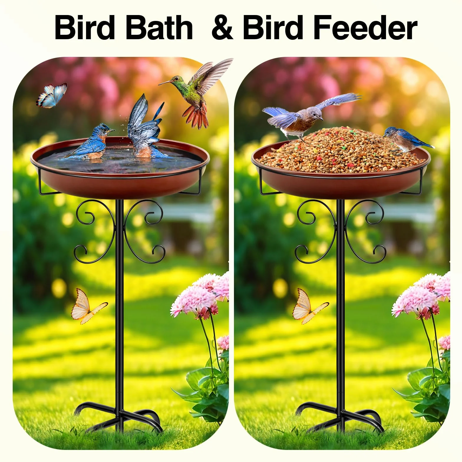 Bebedero para pájaros de pie, baño exterior jardín 35 pulgadas cuenco metal marrón