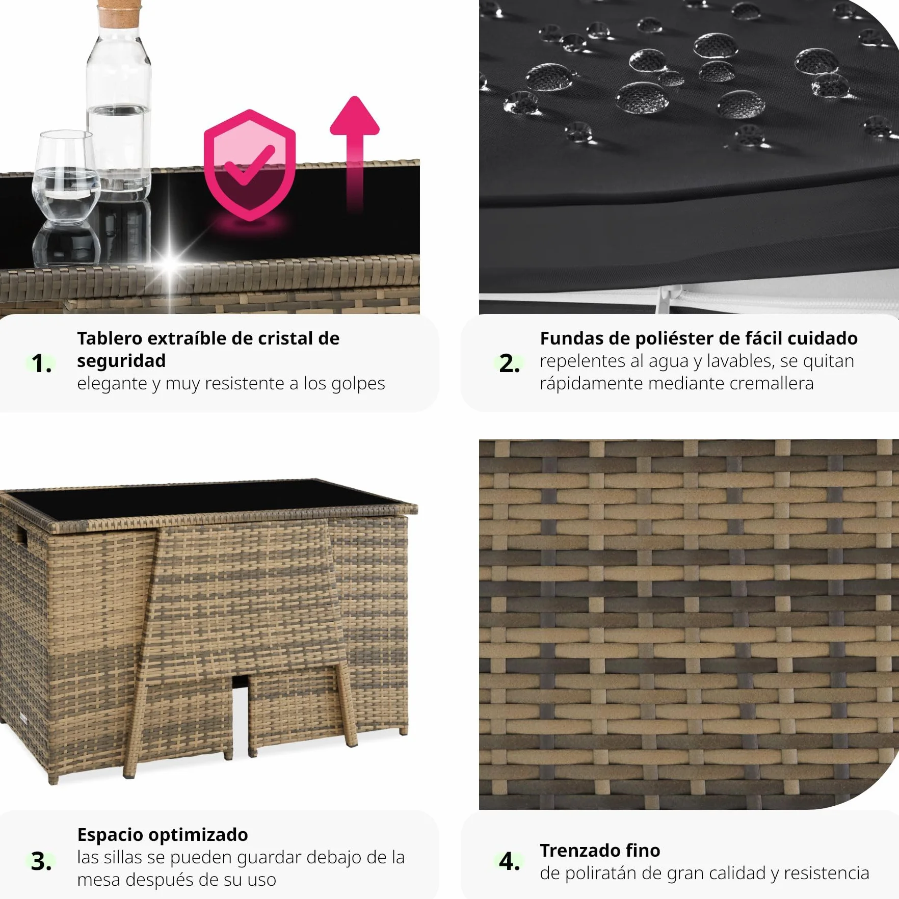 tectake Conjunto Jardín Exterior Ratán Aluminio 2 Sillas Cojines Mesa Cristal Apilable