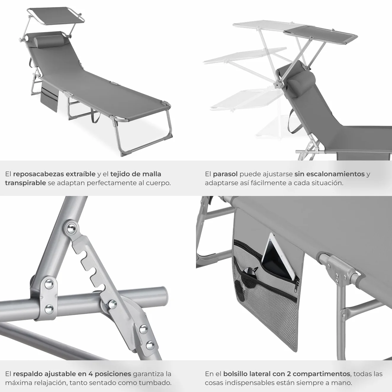 Tectake Tumbona Jardín Exterior Acero Plegable Reposacabezas Parasol Bolsillo Lateral Reclinable 6 Posiciones Resistente Intemperie Gris