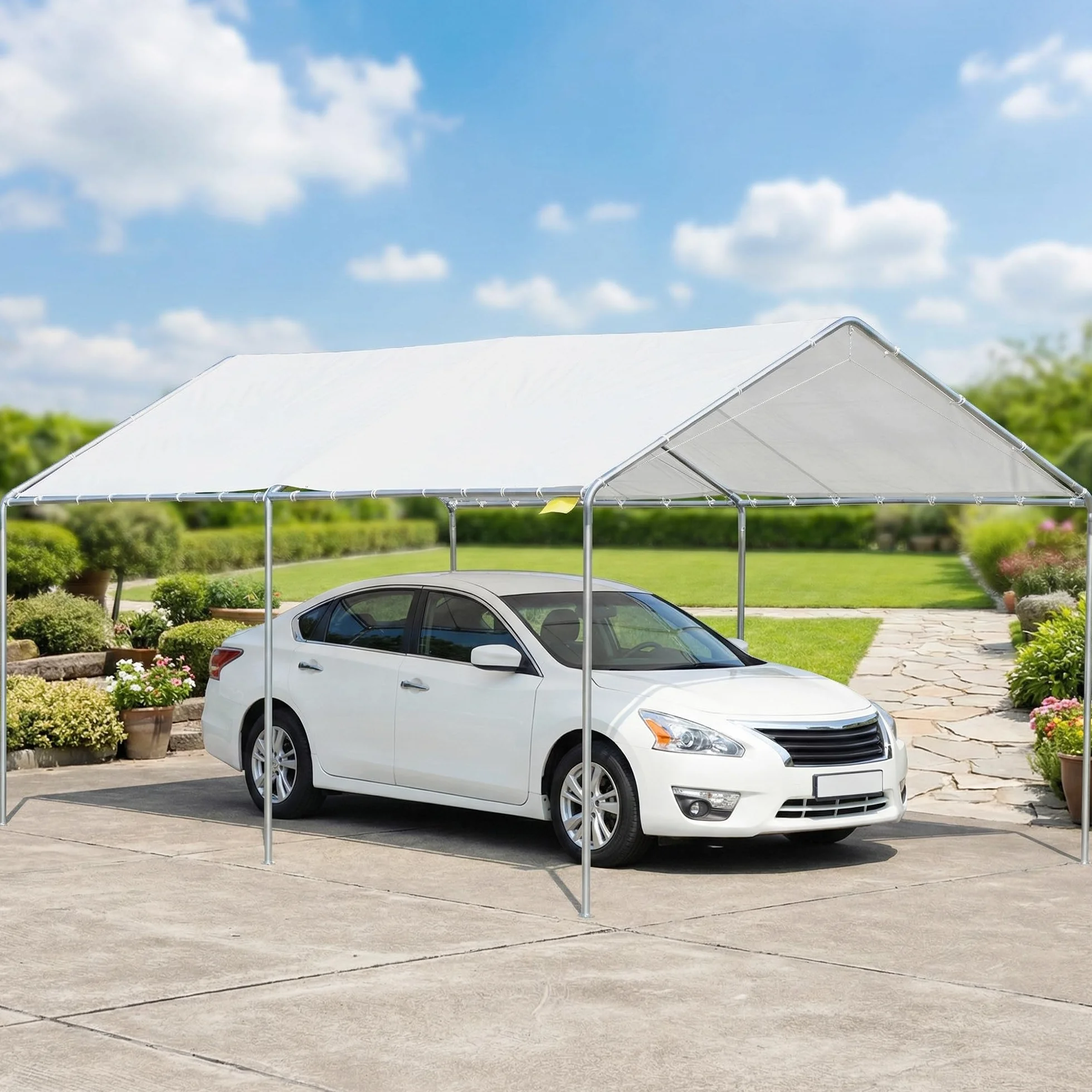 Outsunny Carpa Garaje 3x6 m Cochera Exterior Portátil Impermeable Anti-UV Marco Acero Galvanizado Blanco