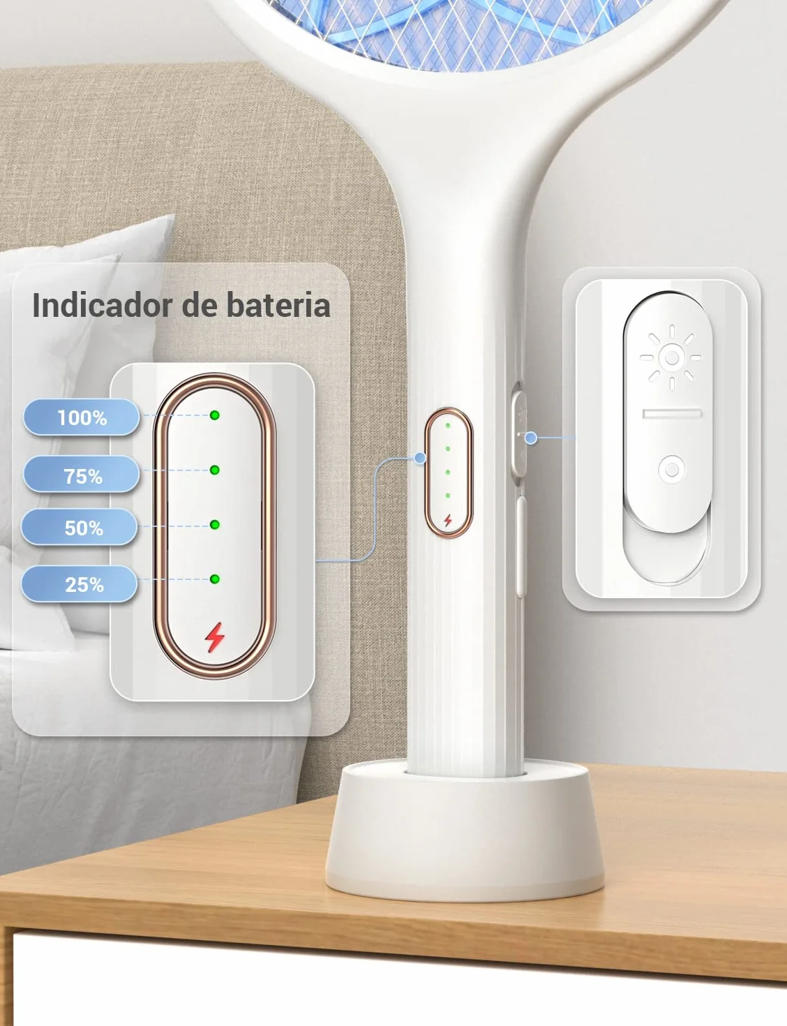 YISSVIC Raqueta Matamoscas Electrica 2 en 1 4000V Mata Mosquitos USB Recargable 1500mAh Blanco