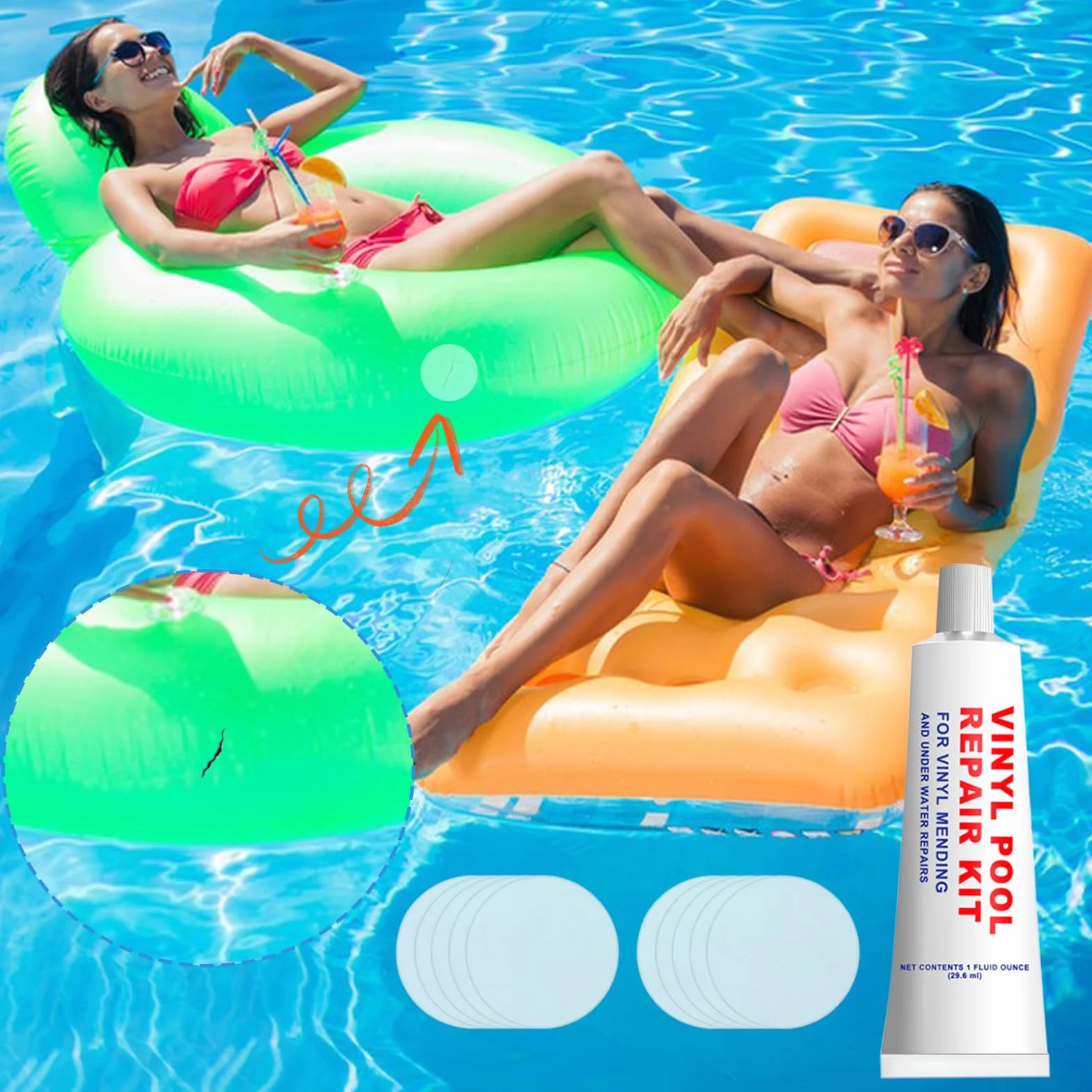 Kit de Reparación de Piscina, Parche Bajo Agua, PVC, Colchon Hinchable, Inflable