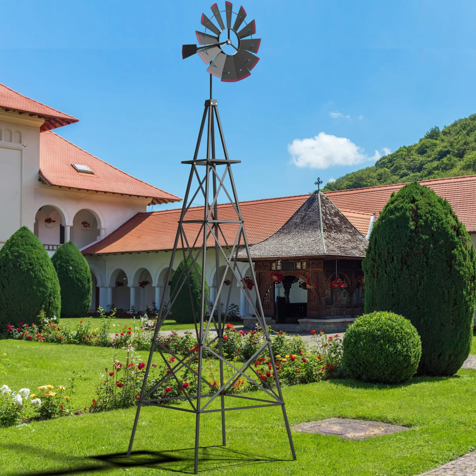 GOPLUS Molino de viento jardín 253 cm carretilla metal 4 pies estacas estructura X rodamiento bolas gris