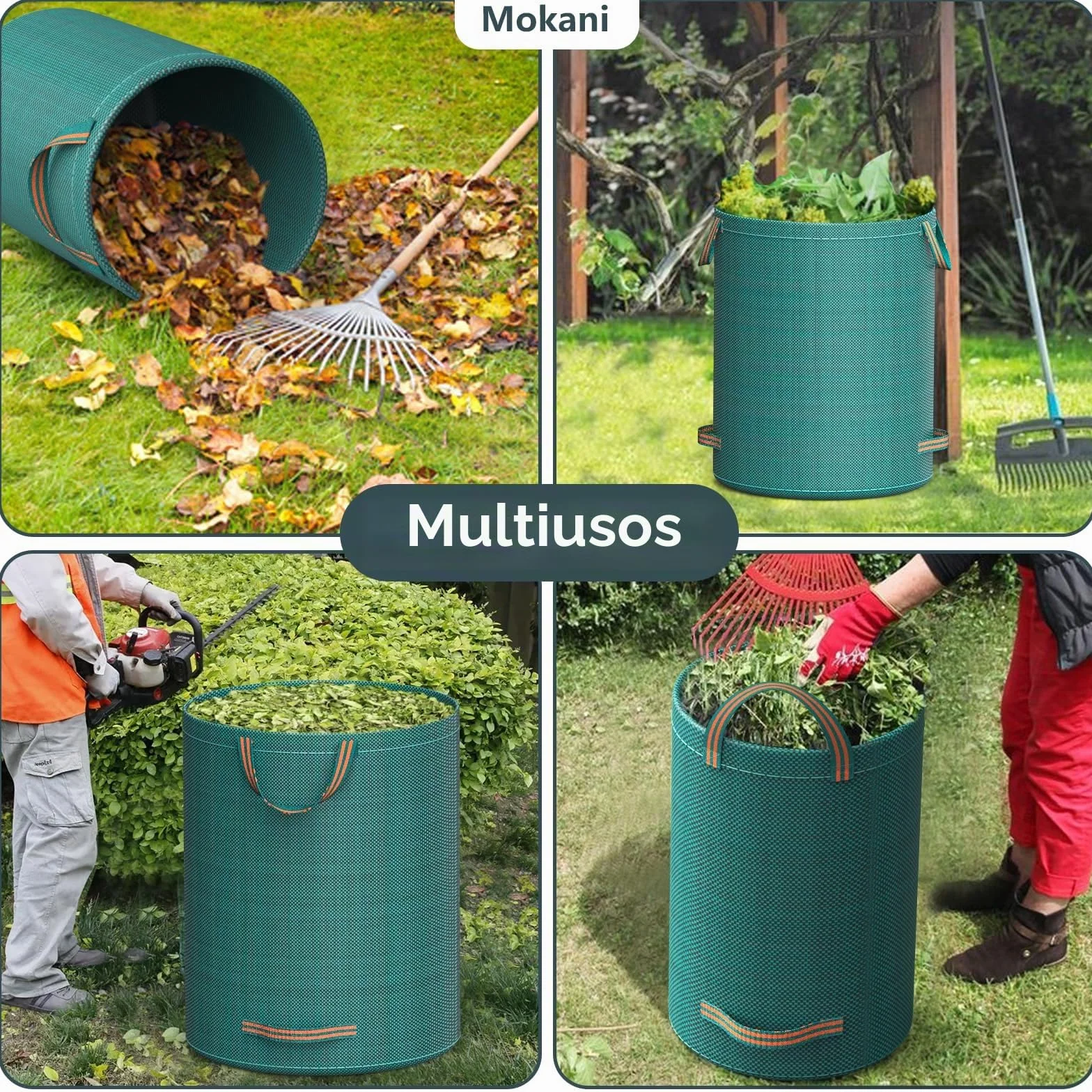 Mokani Bolsas de basura de jardín 300 L x 3 resistentes con asas reutilizables plegables