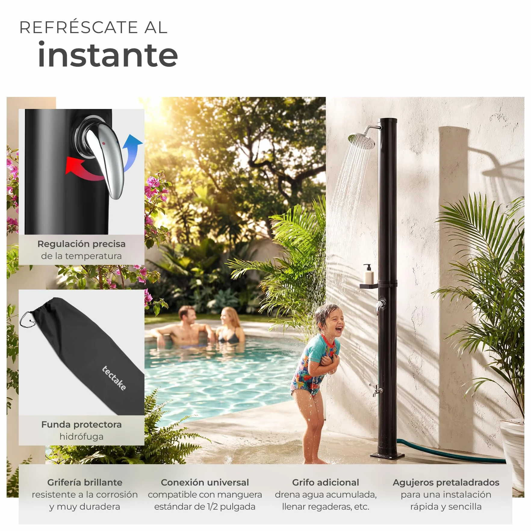 Ducha Exterior Jardin 20L Negro Resistente Intemperie Temperaturas Altas Alcachofa 360° Grifo Pies Conexión Manguera Solar