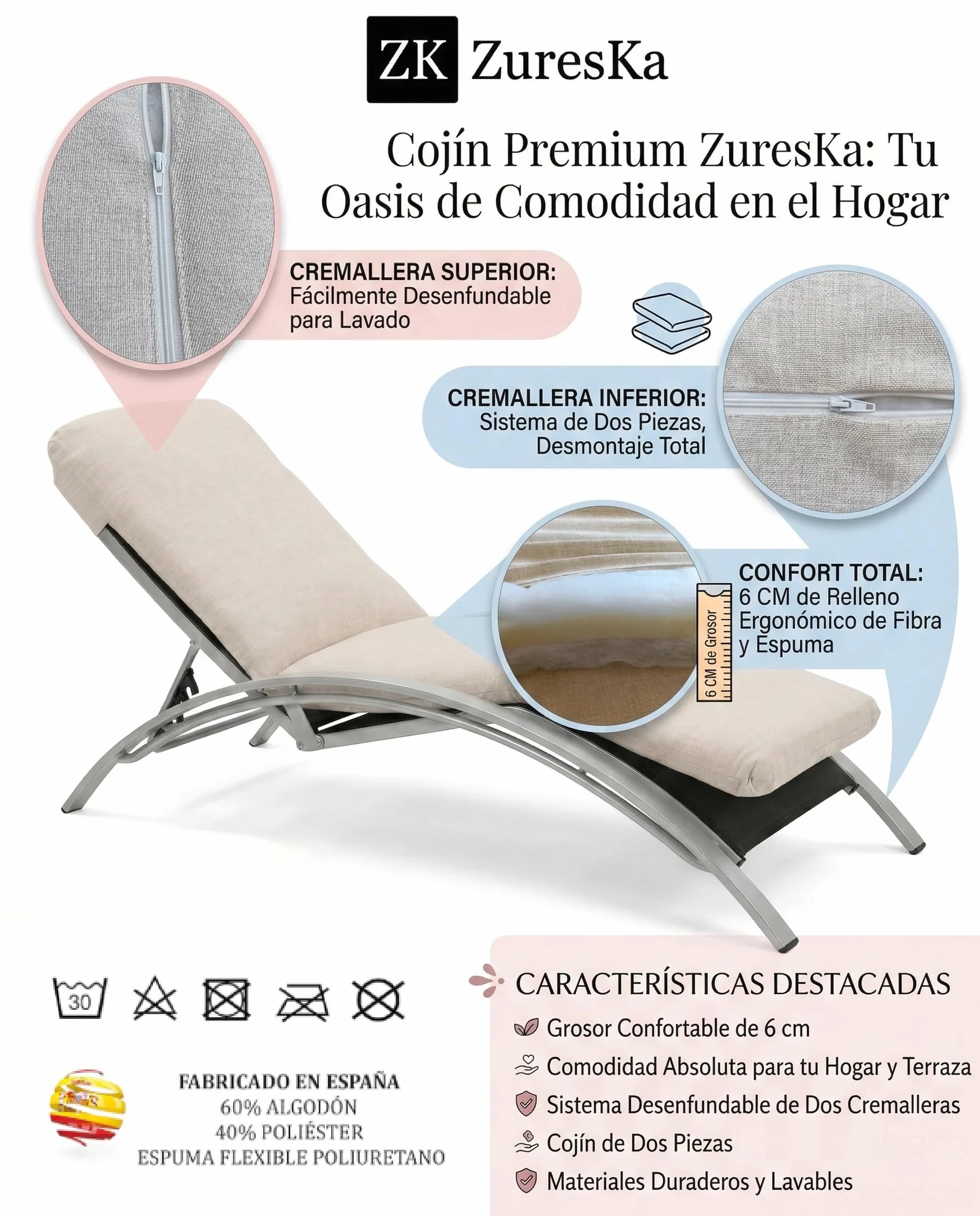 Cojín Tumbona Exterior 180x50x6 Pack 2 Desenfundable Lavable Blanco Crudo