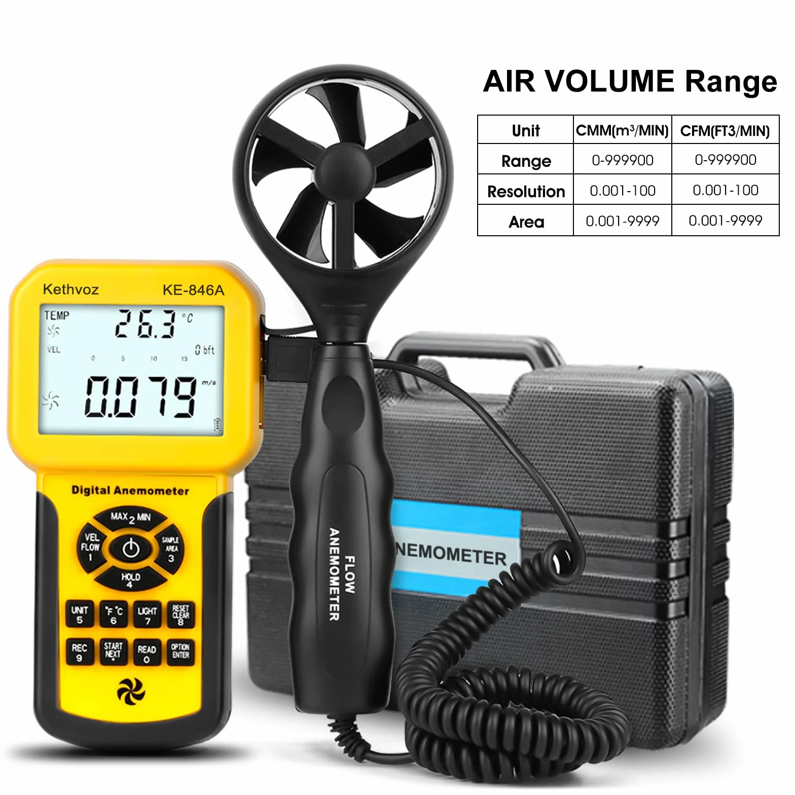 Kethvoz KE-846A Anemometro Digital Portatil Medidor Velocidad Viento con Termometro