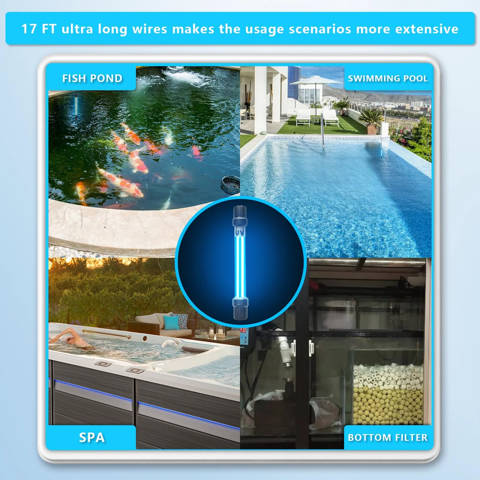 Coospider Luz UV Acuario 18W Clarificador Agua 100-1000 Galones Estanque Koi Piscina
