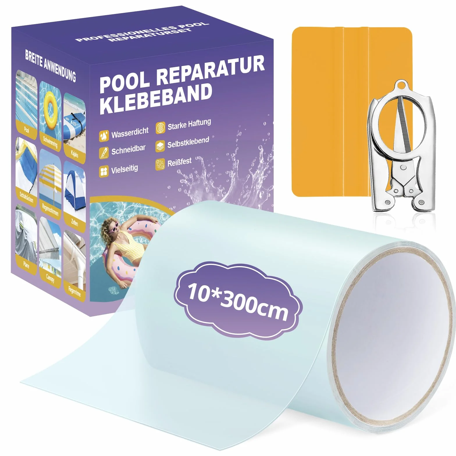 Kit de Parches para Piscina Impermeable 10 cm x 300 cm, Cinta Autoadhesiva Transparente para Reparar Pinchazos en Colchones Hinchables y Liner