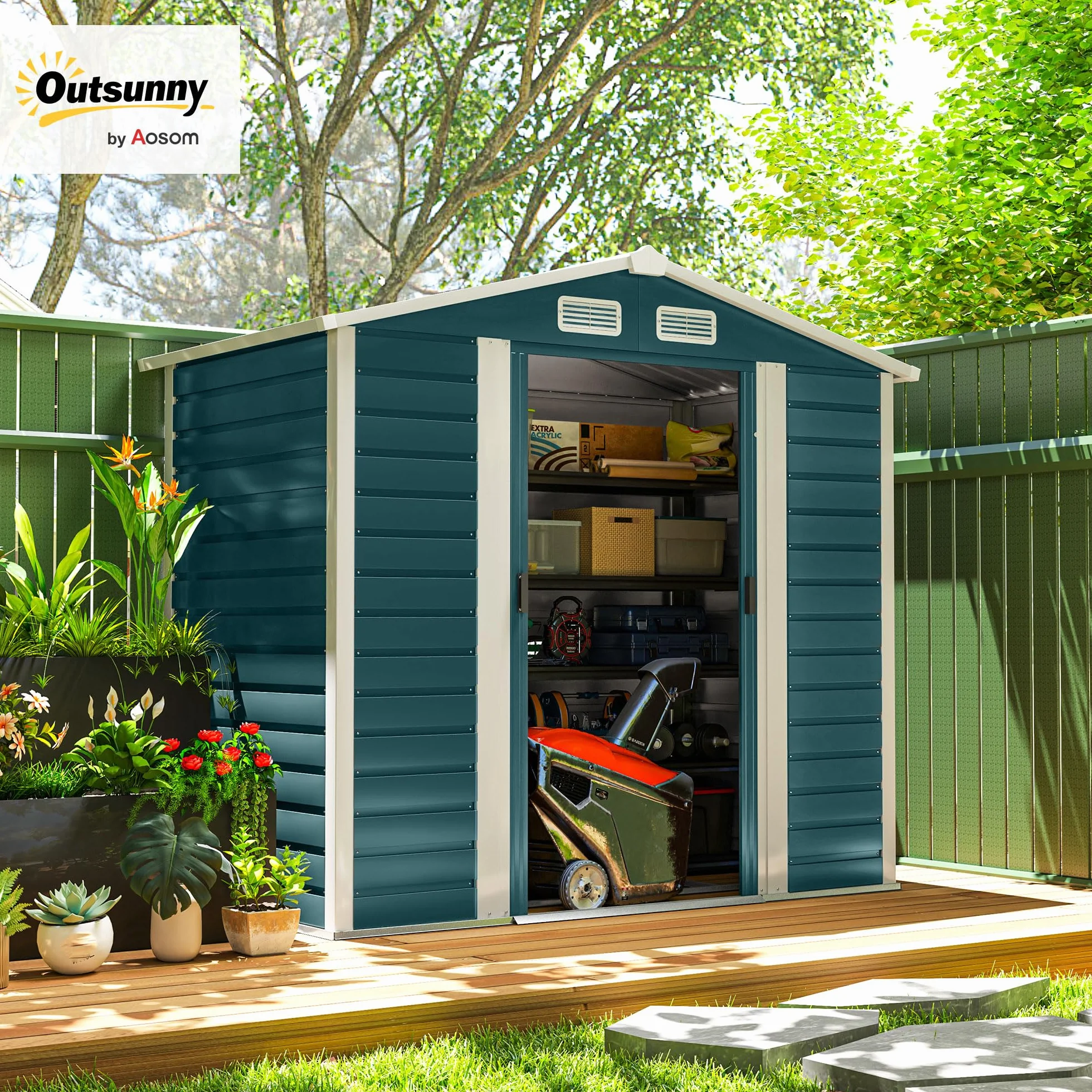 Outsunny Caseta de Jardín Exterior 2,36m² 213x120x194 cm Cobertizo con Base Refuerzo Puertas Correderas Dobles Candado Ventanas Verde Oscuro