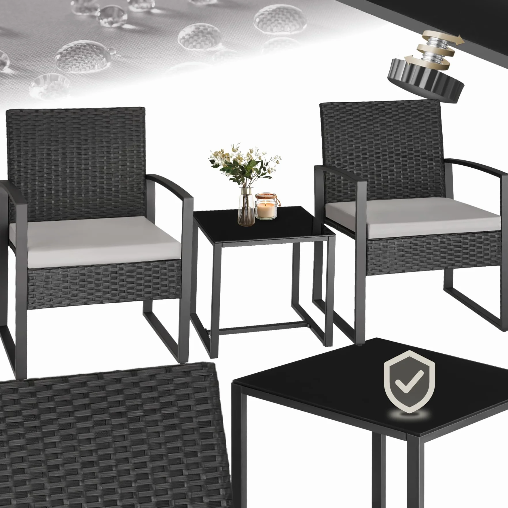 TecTake® Conjunto Jardín Exterior para 2 Personas, Muebles de Jardin 2 Sillas Ratán con Cojines y Mesa Terraza con Tablero Vidrio de Seguridad, Fundas Extraíbles, Robusto y Resistente a la Intemperie
