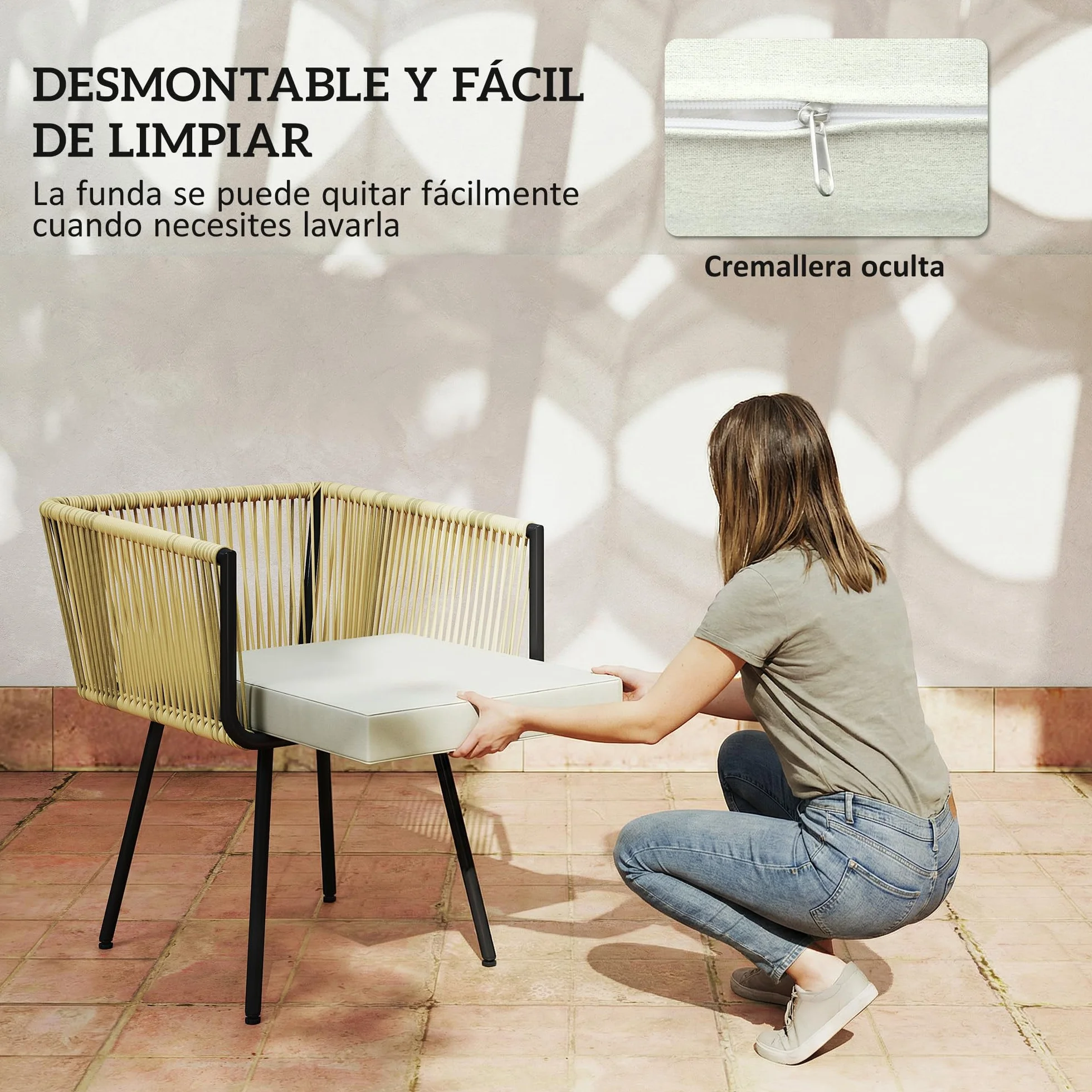 Outsunny Conjunto de Mesa y Sillas Jardín de Ratán de 5 Piezas, Muebles Jardín Exterior con Mesa de Plástico-Madera y 4 Sillas con Cojines Extraíbles, Marco de Metal Resistente para Terraza, Beige
