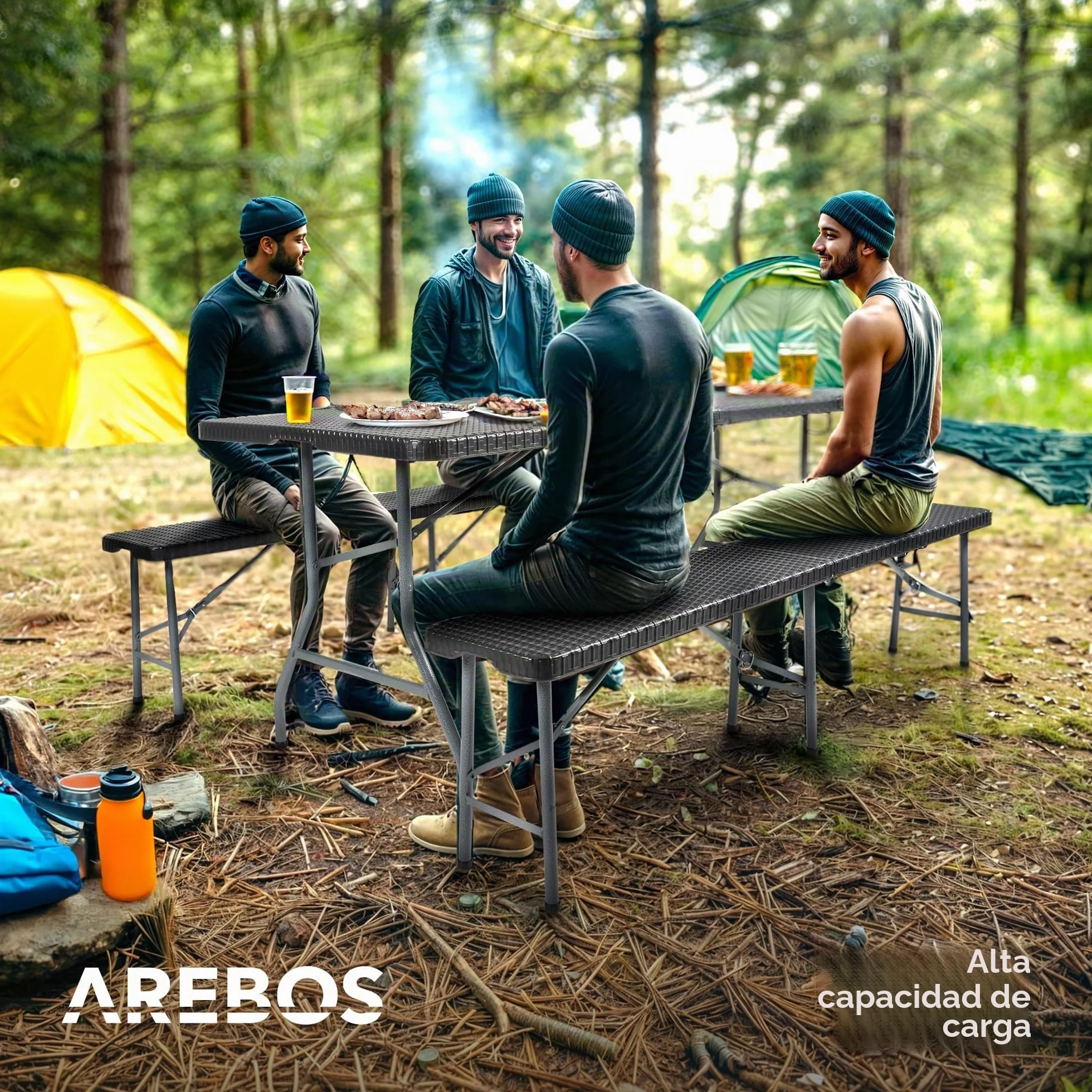 Arebos Mesa y Bancos 3 Piezas Plegables con Asa de Transporte Negro