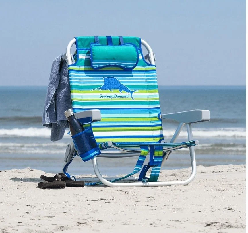 Tommy Bahama TECNOLIFE Silla de Playa Plegable Rayas Verdes Modelo 2026 con Bolsa Aislada y Almohada Ajustable