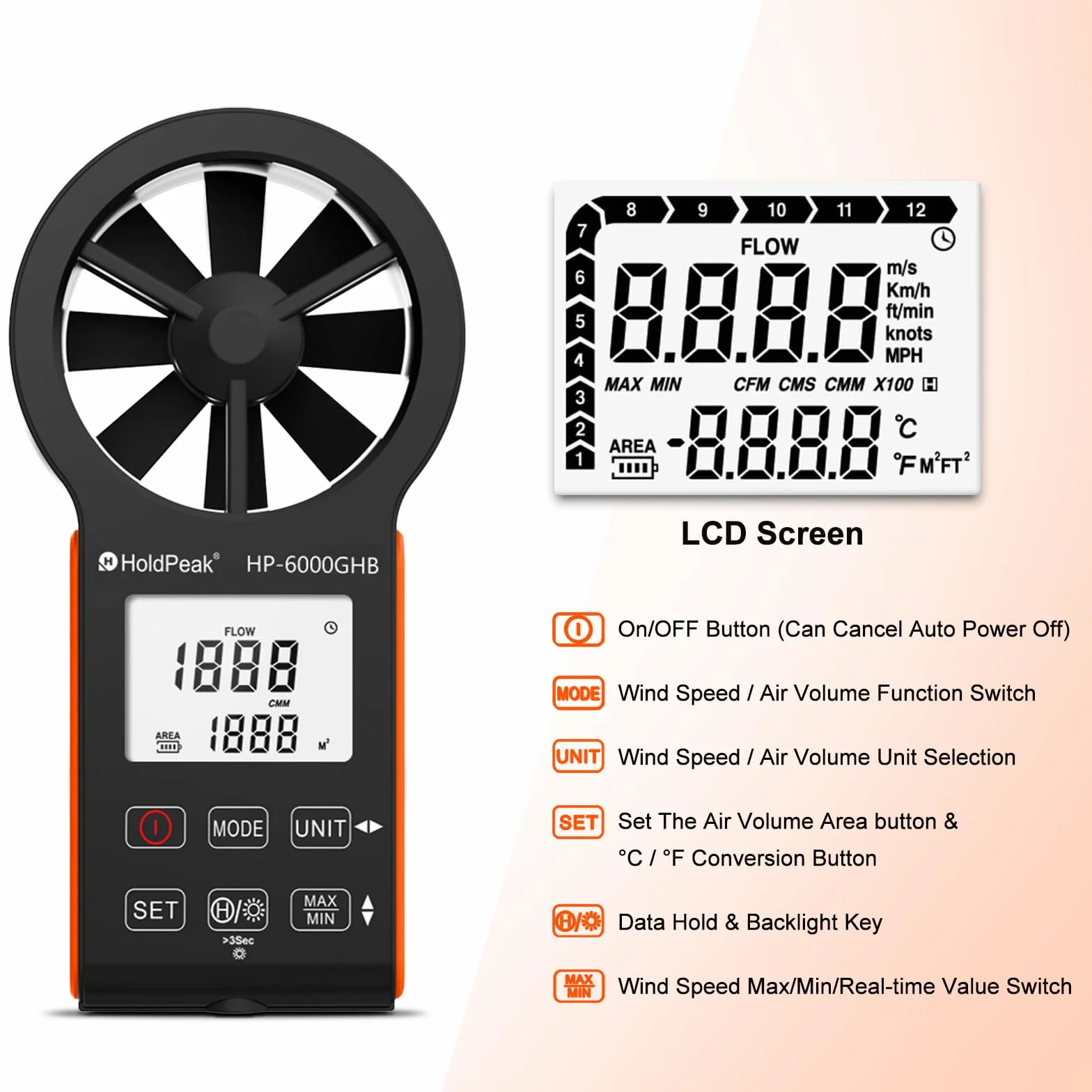 HOLDPEAK HP-6000GHB Anemómetro digital medidor velocidad viento flujo aire temperatura Max/min retroiluminación USB-C resistente agua