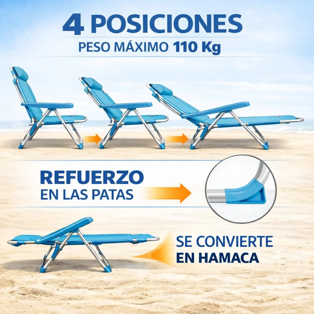 Silla Playa Plegable Metal Tela Textileno 48x62x85 cm Multiposiciones Reclinable Azul Turquesa