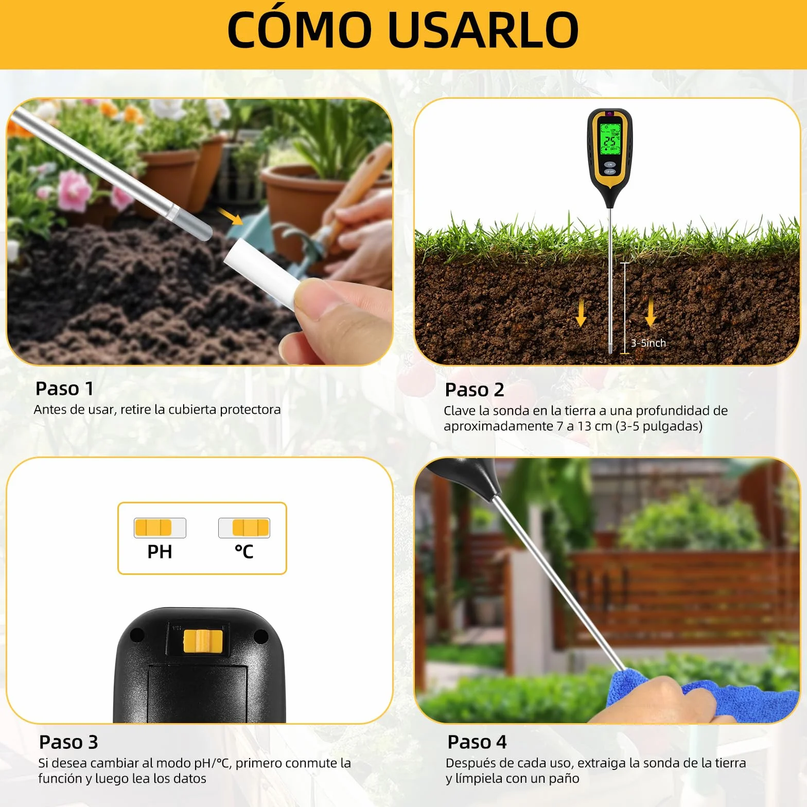 4 en 1 Medidor Humedad Plantas Medidor pH Tierra Suelo para Huertos Jardines