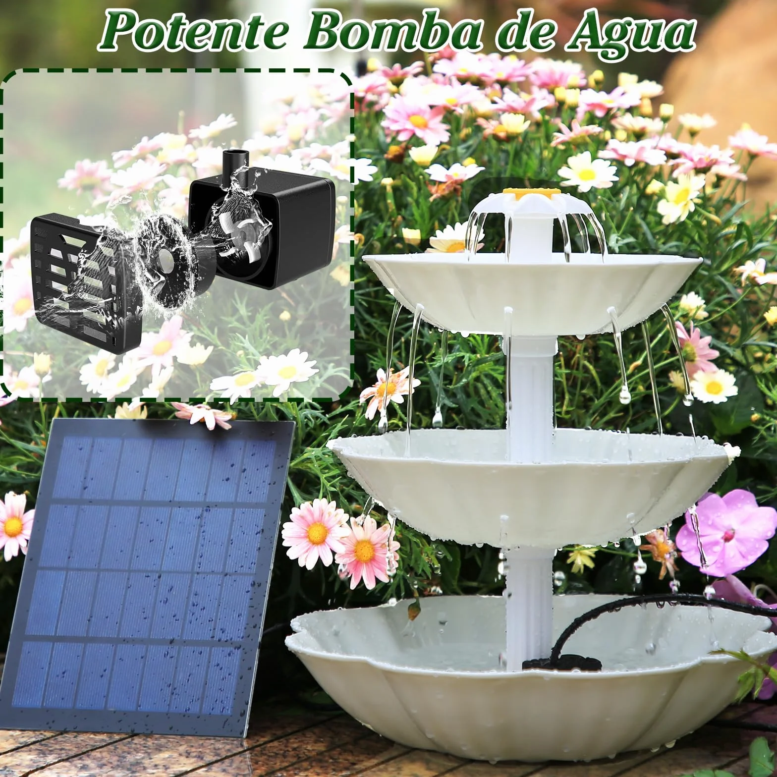 AISITIN Fuente decorativa de bricolaje, juego de bebedero para pájaros con fuente solar de 3,5 W, comedero para pájaros de 3 niveles, para exteriores, baño de pájaros y fuente solar DIY, extraíble y