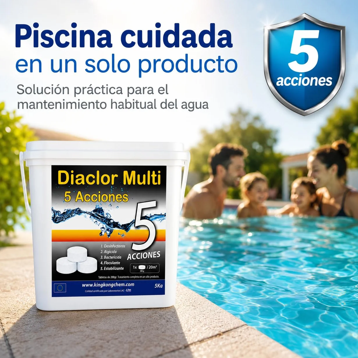 DIACLOR Pastillas de Cloro Lento 200g 5KG 25 Tabletas Multi 5 Acciones para Piscinas