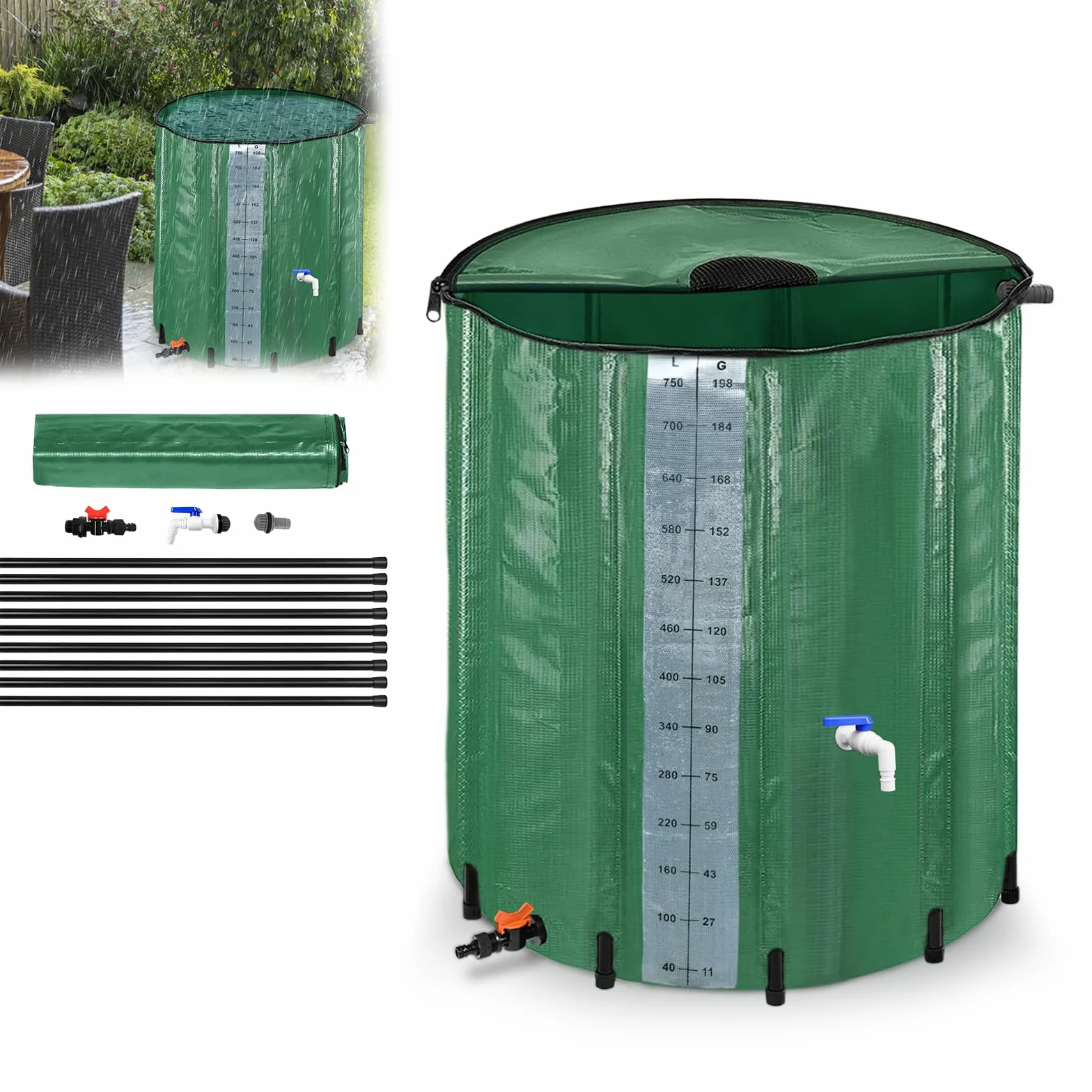 Regenton, 750 litros, colector de lluvia plegable con válvula de drenaje, grifo y cuenco de agua, depósito de agua para jardín, verde