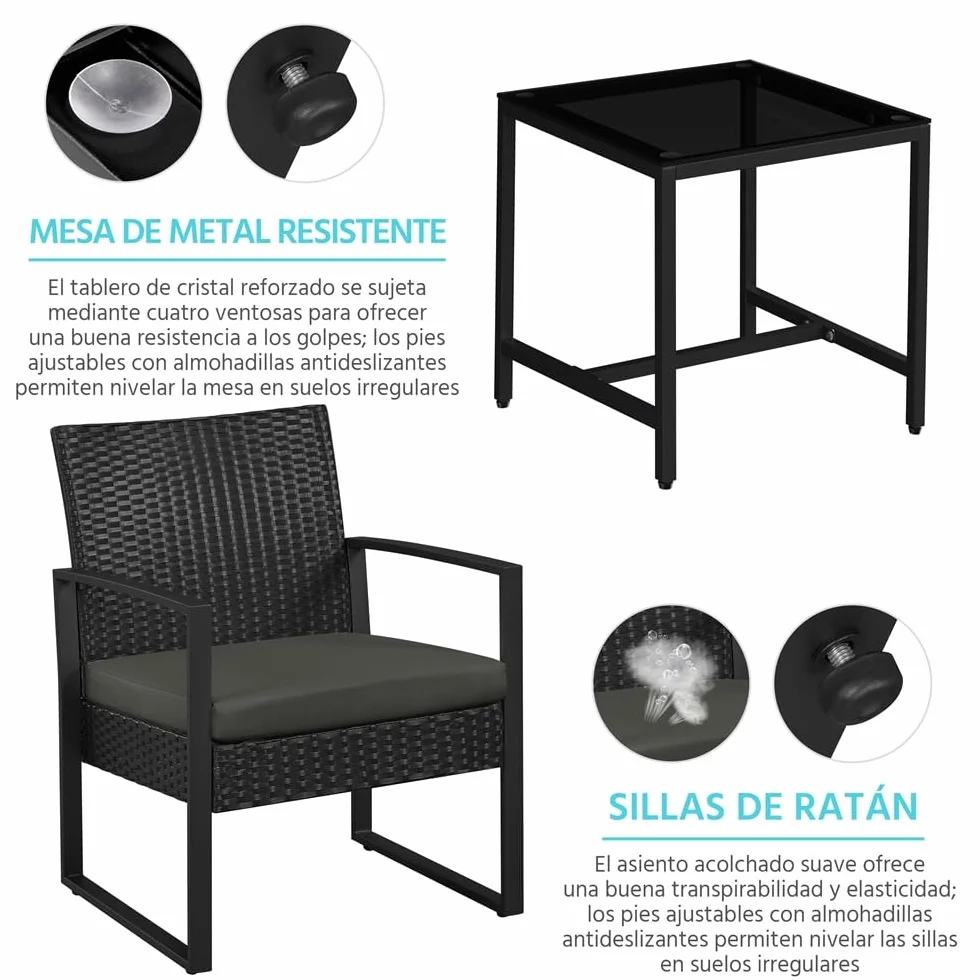 Yaheetech Conjunto de Mesa y Sillas Exterior Juego de Muebles Jardín Ratán Impermeable Negro Gris