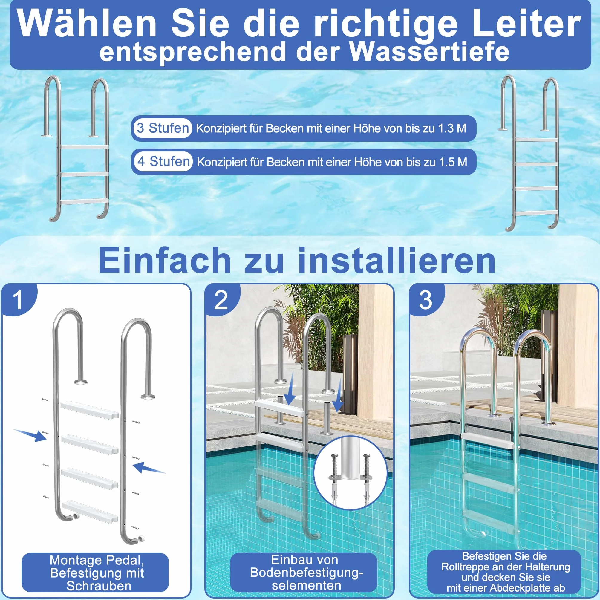 XMTECH Escalera de piscina acero inoxidable 4 peldaños incluye material montaje anclaje plástico almohadillas antideslizantes plateada