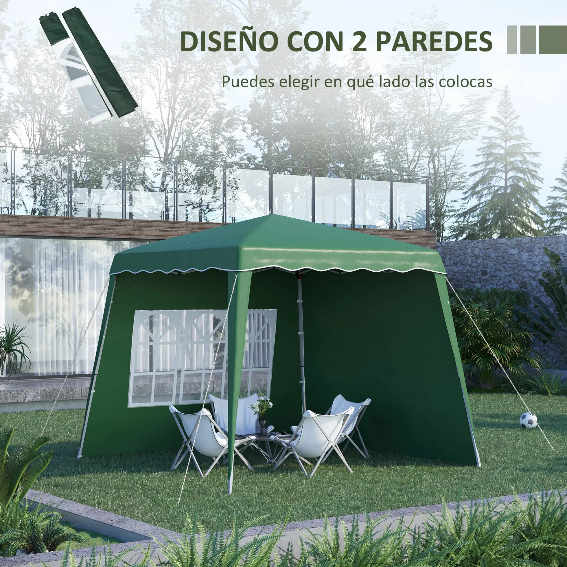 Outsunny Carpa Plegable Pop-up 3x3 m Cenador Pabellón de Jardín con 2 Paredes Laterales Altura Ajustable y Bolsa de Transporte Protección UV50+ Impermeable Gazebo para Camping Fiestas Exterior Verde