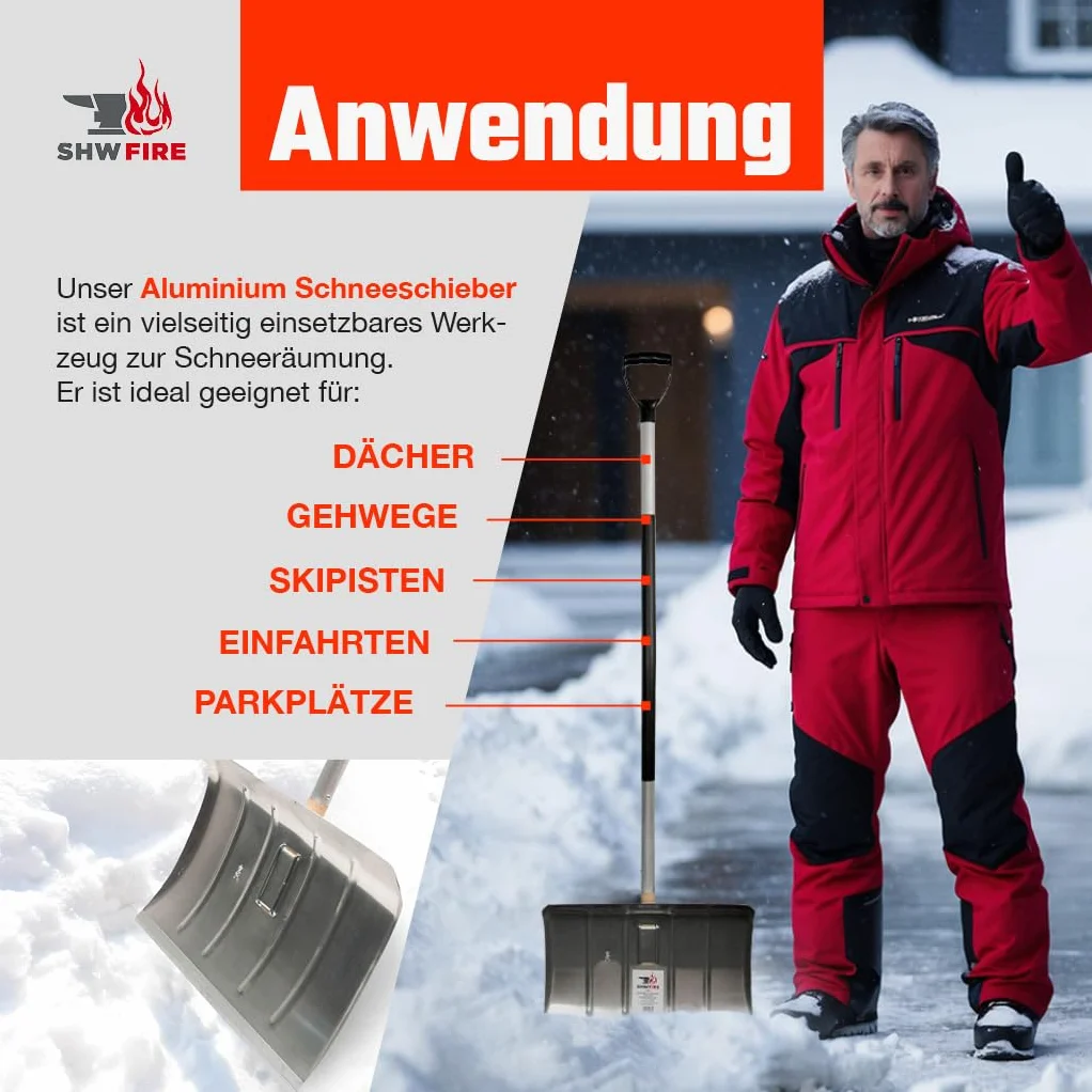Pala de nieve de aluminio 50 cm SHW-FIRE mango ergonómico borde de perfil Fabricado en Alemania