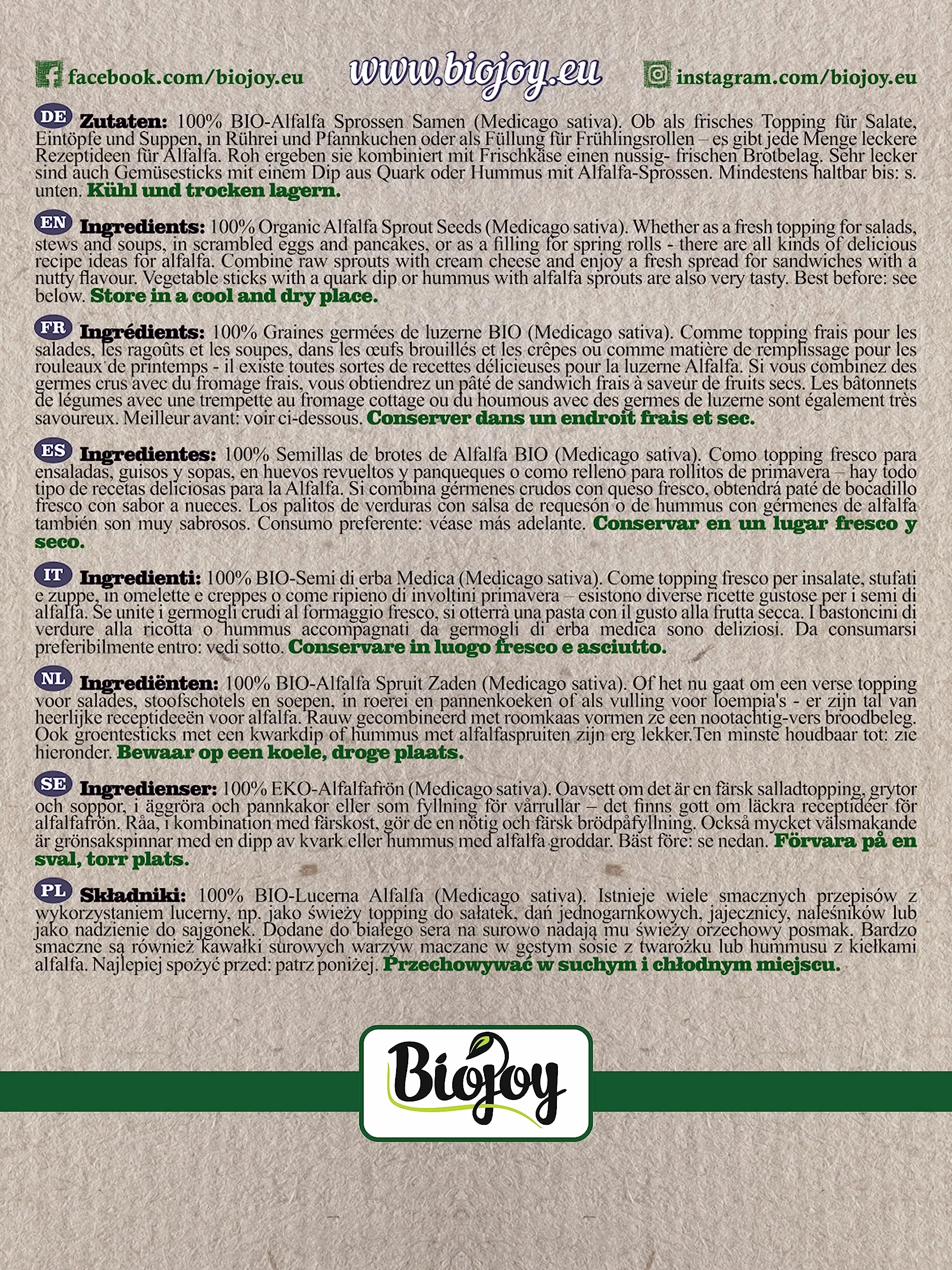 Biojoy Semillas de Alfalfa Orgánicas 1 kg Crudas Sin Aditivos
