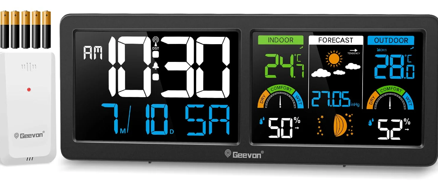 Geevon DCF 246258 - Estación meteorológica inalámbrica con sensor exterior, temperatura interior y exterior, con previsión meteorológica, termómetro digital e higrómetro (246258 con batería)