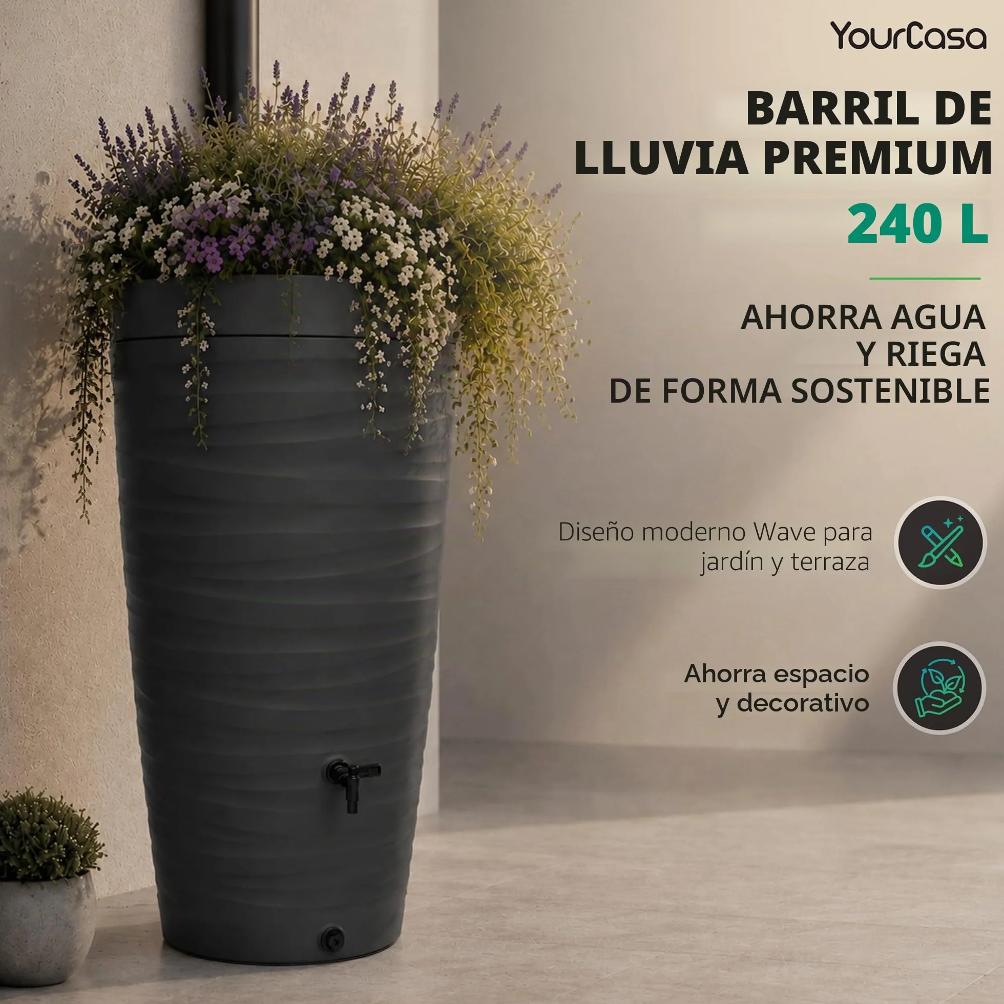 Recuperador de Agua de Lluvia 240 L Con Grifo Depósito de Plástico Diseño de Onda