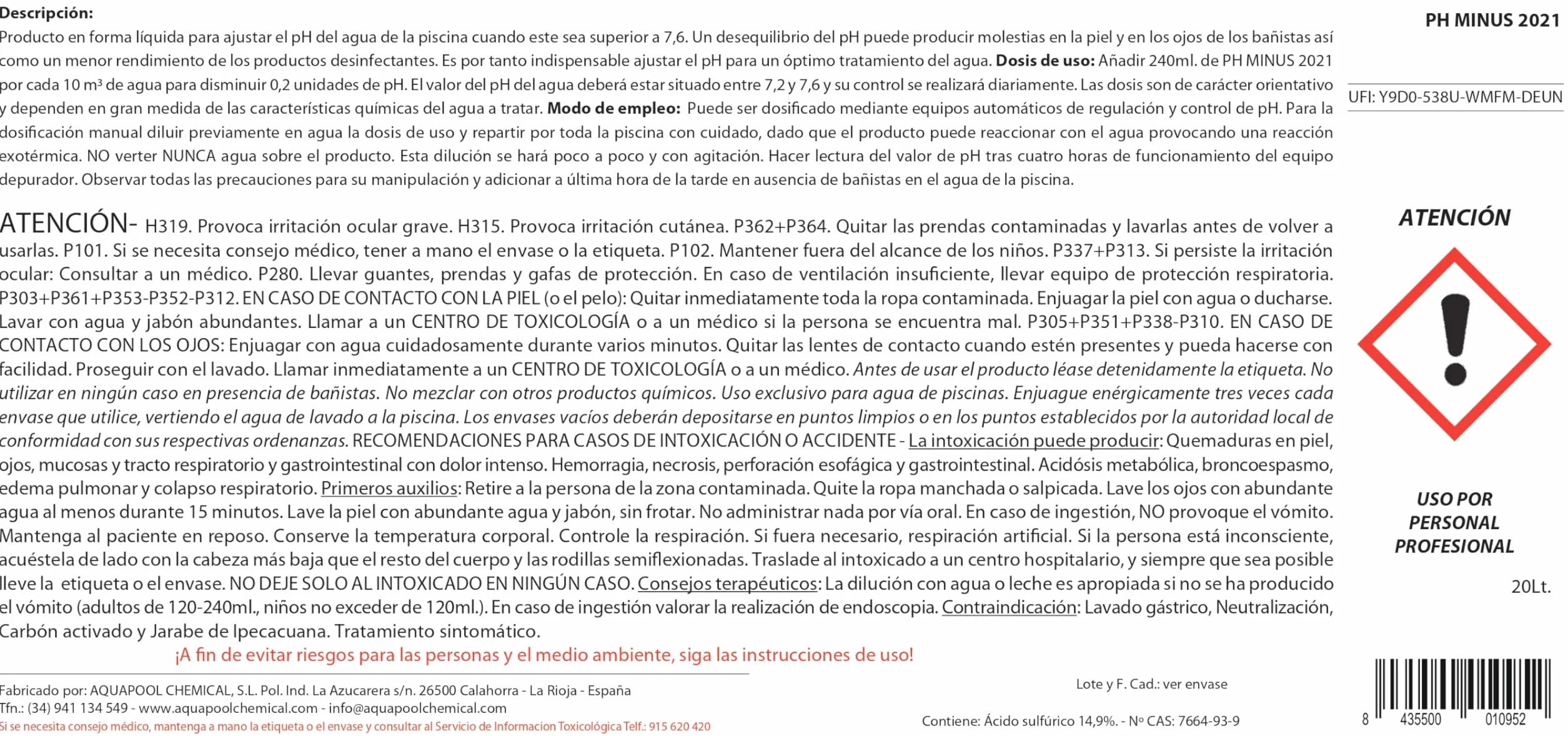 PH Minus 20 litros (25 KG) - Reductor pH para Piscinas - Ácido Sulfúrico al 15%