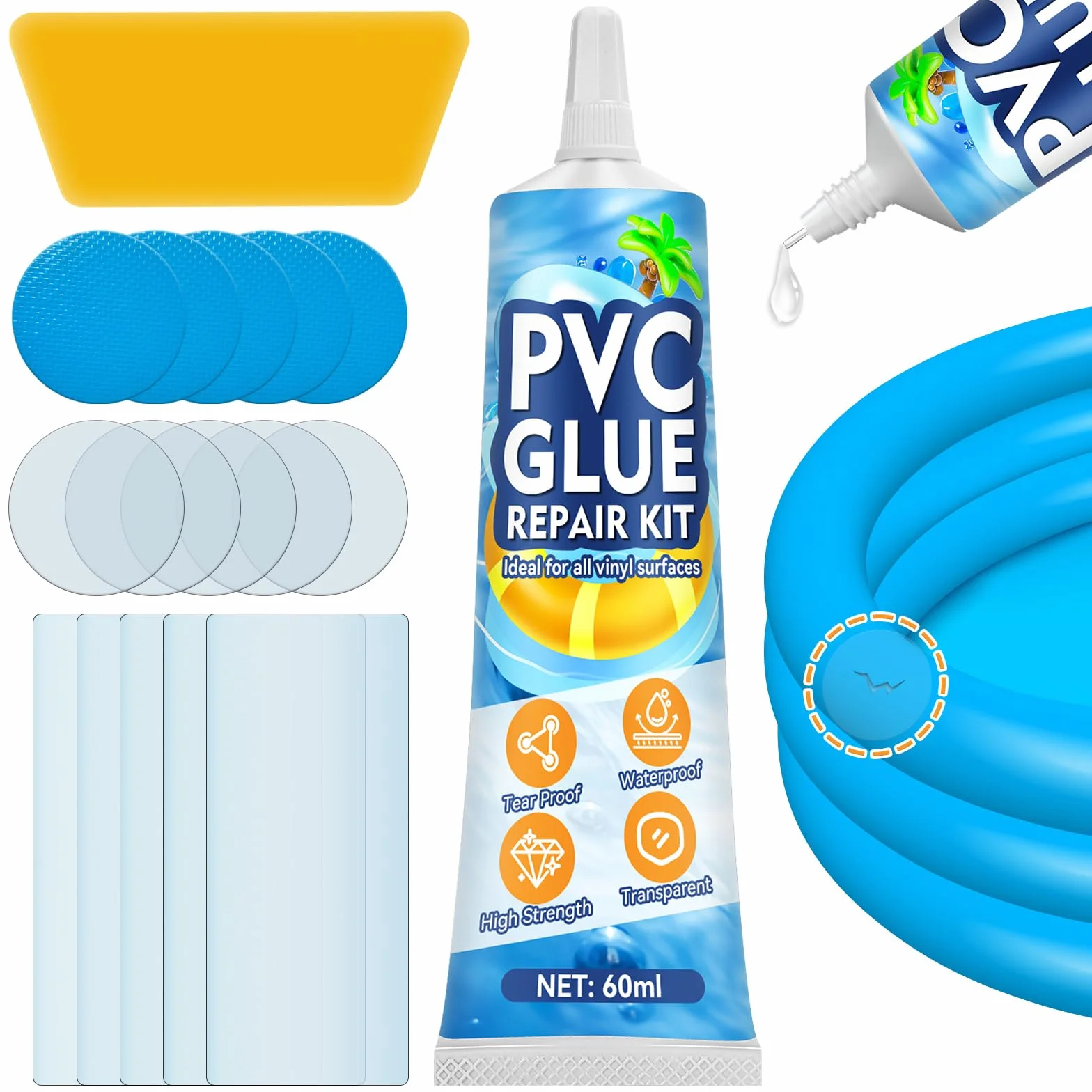 Parche Piscina con Pegamento PVC 60ml Kit Pinchazos Transparente Impermeable