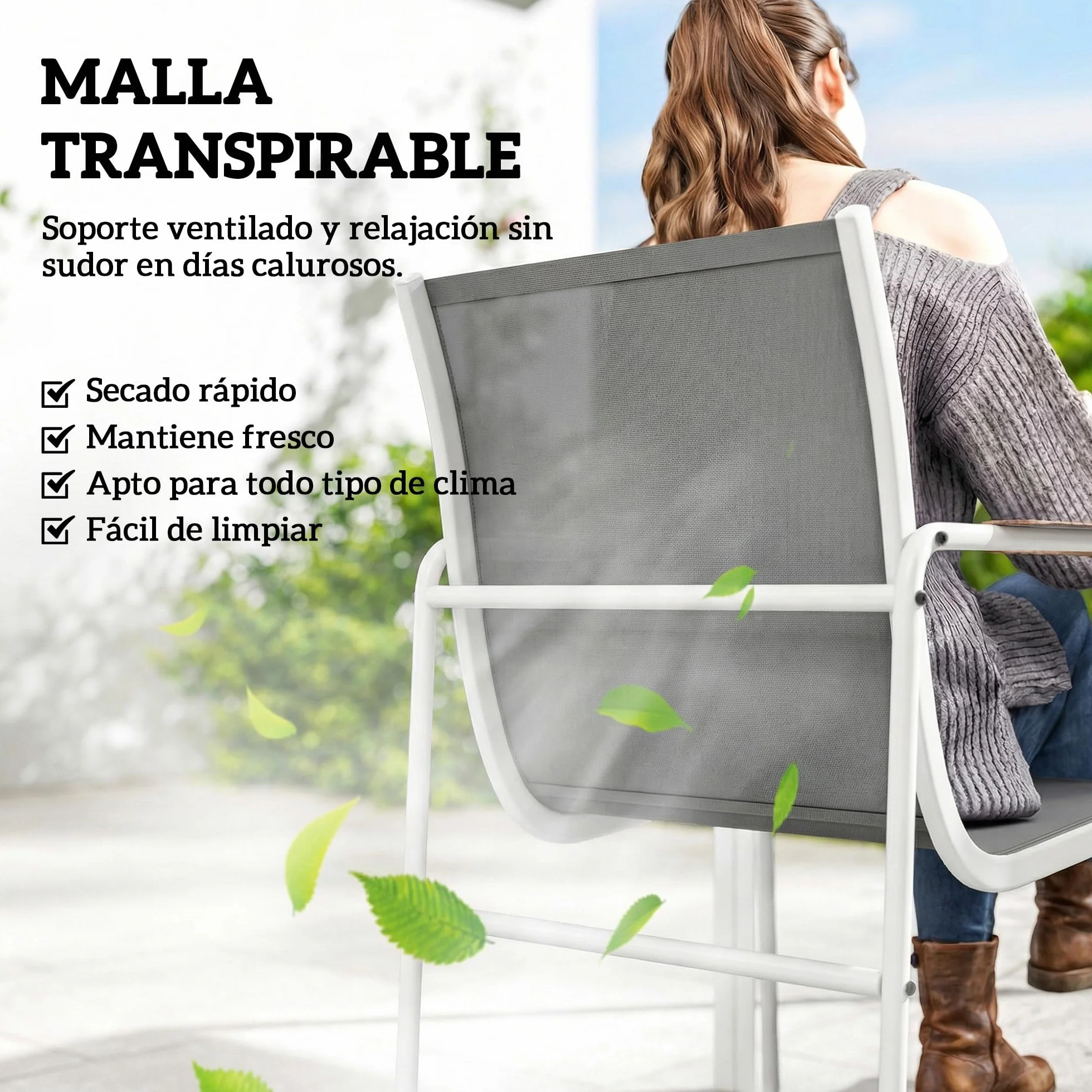 Outsunny Conjunto de Mesa y Sillas Jardín de 7 Piezas, Muebles Jardín Exterior con Mesa de Vidrio Templado, 6 Sillas Transpirables Decorativas, Marco de Acero Resistente a la Intemperie, Blanco y Gris