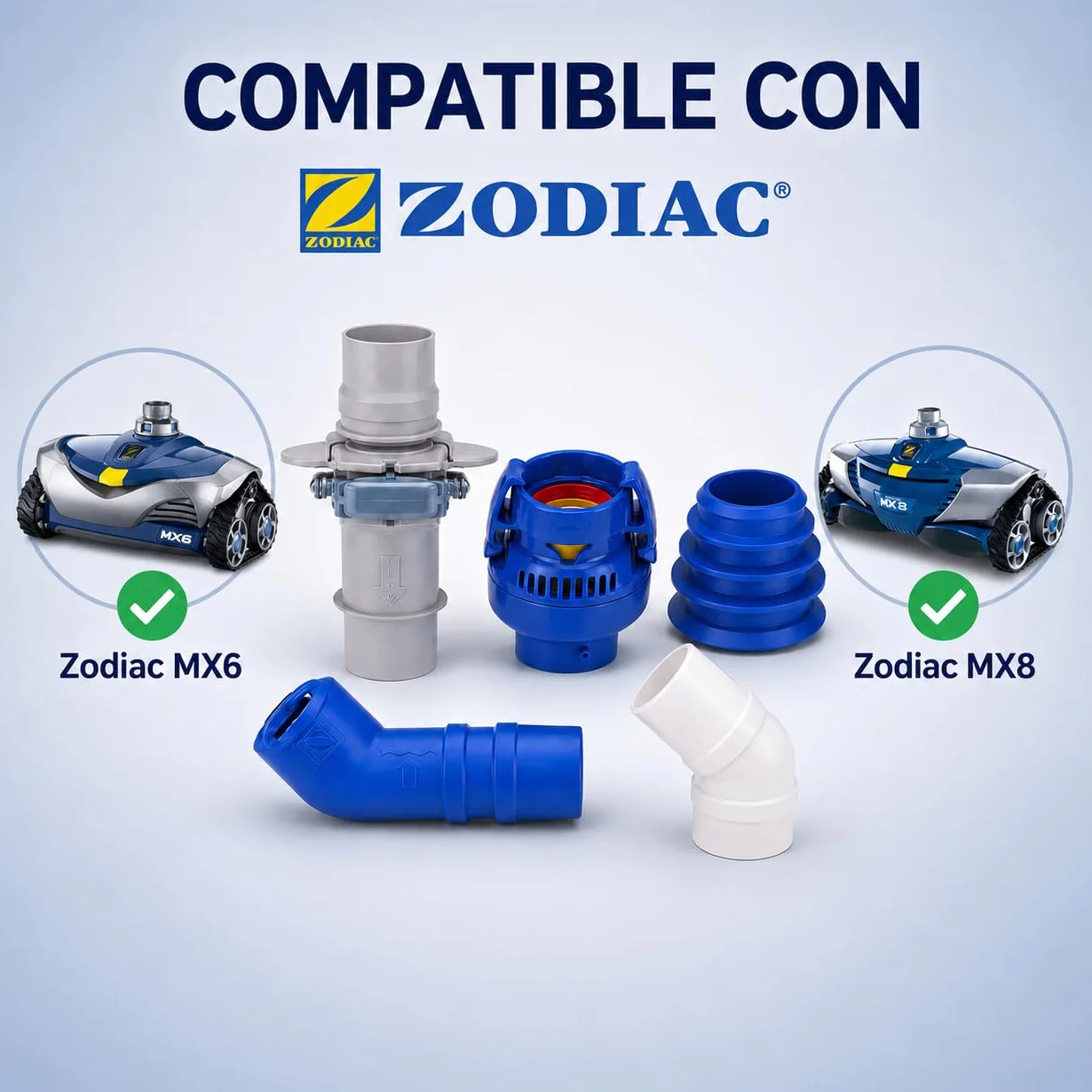 Repuestos Zodiac MX6 MX8 Compatible Kit Completo Válvula FRV100 Adaptador Cónico Codo 45° Conectores Twist Lock Accesorios Limpiafondos Piscina