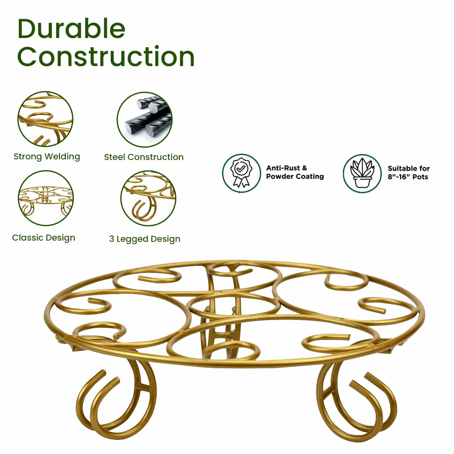 ORILEY Soporte redondo de metal para macetas, resistente, elegante y funcional, soporte para plantas montado en el suelo, libre de óxido para uso en interiores y exteriores (paquete de 2, dorado)