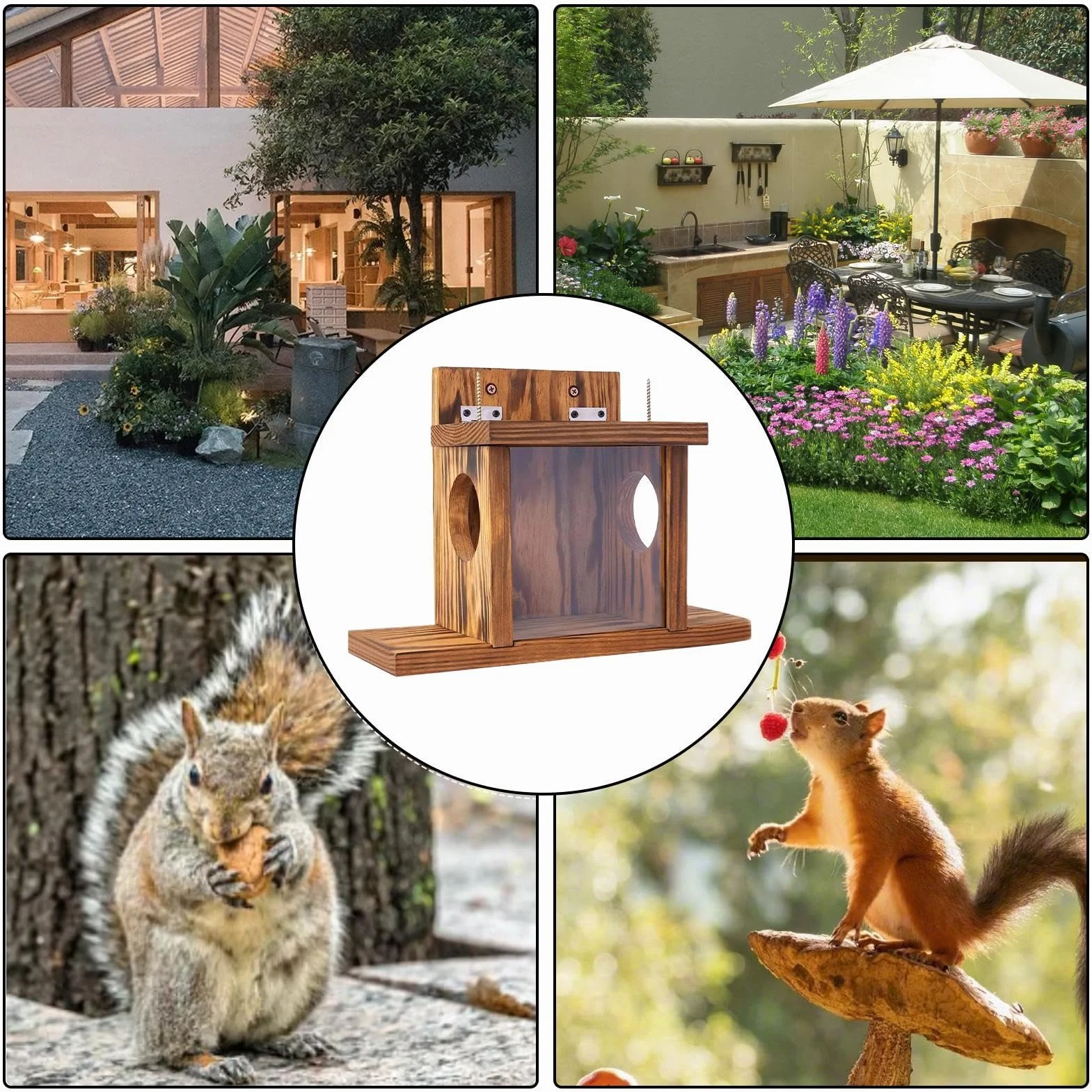 Caja de Madera para Comederos de Ardillas Rústica Decoración de Jardín