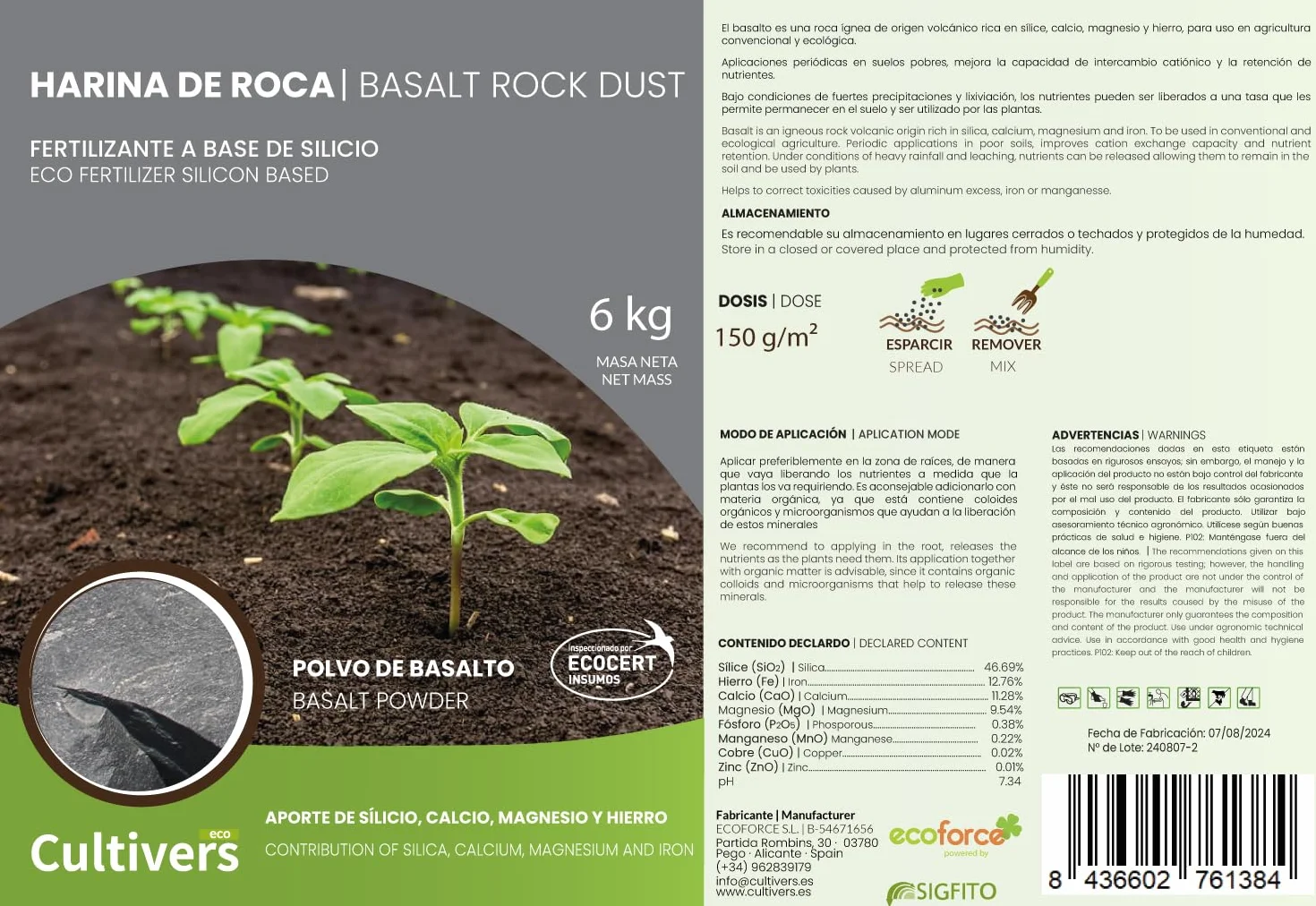 CULTIVERS Harina de Roca 20 kg Fertilizante de Basalto Silicio 46% Hierro 12% Calcio 11% Magnesio 9%