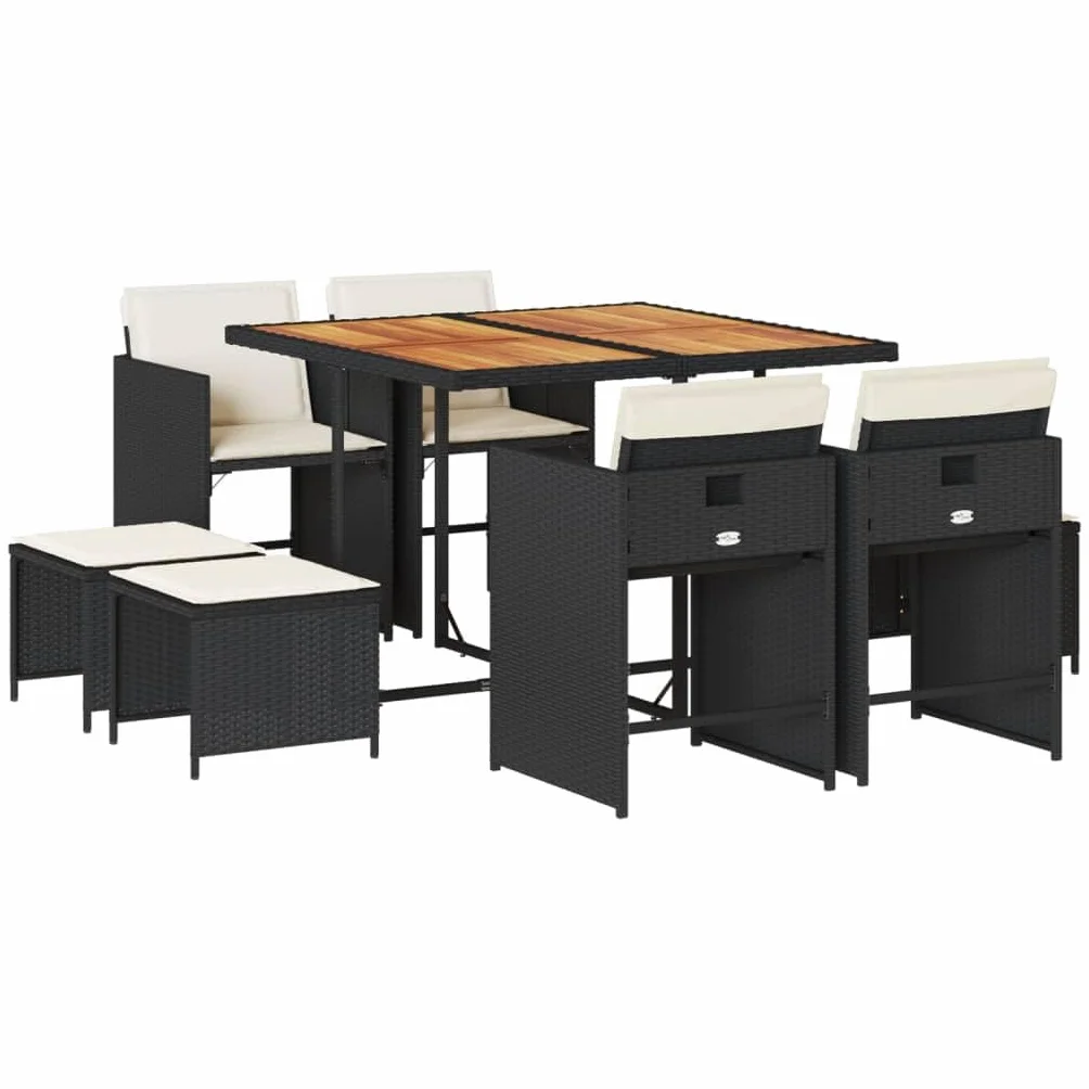 Brokky Juego de Muebles de Jardín en Ratán Conjunto Comedor para Jardín Exterior Mesa y Sillas De Comedor De Ratán-Negro y Crema-9 pzas/Madera