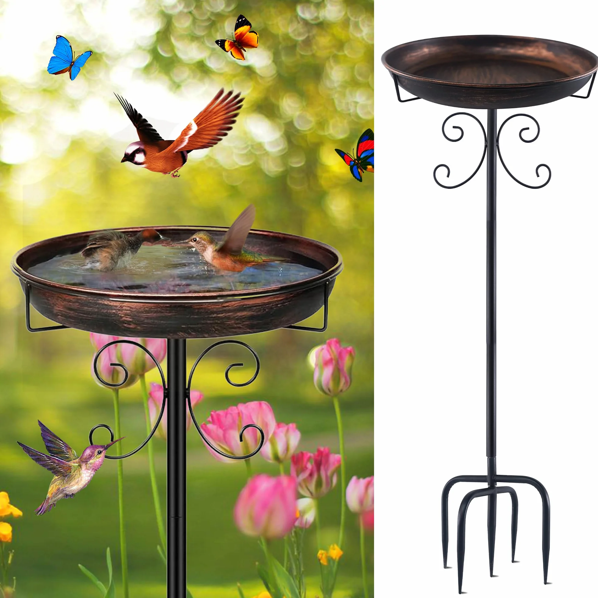 Bebedero para pájaros de pie, Comedero Pajaros Exterior con Pie, Baño de Pájaros Metal Regulable en Altura, Decoración Jardín Resistente Invierno